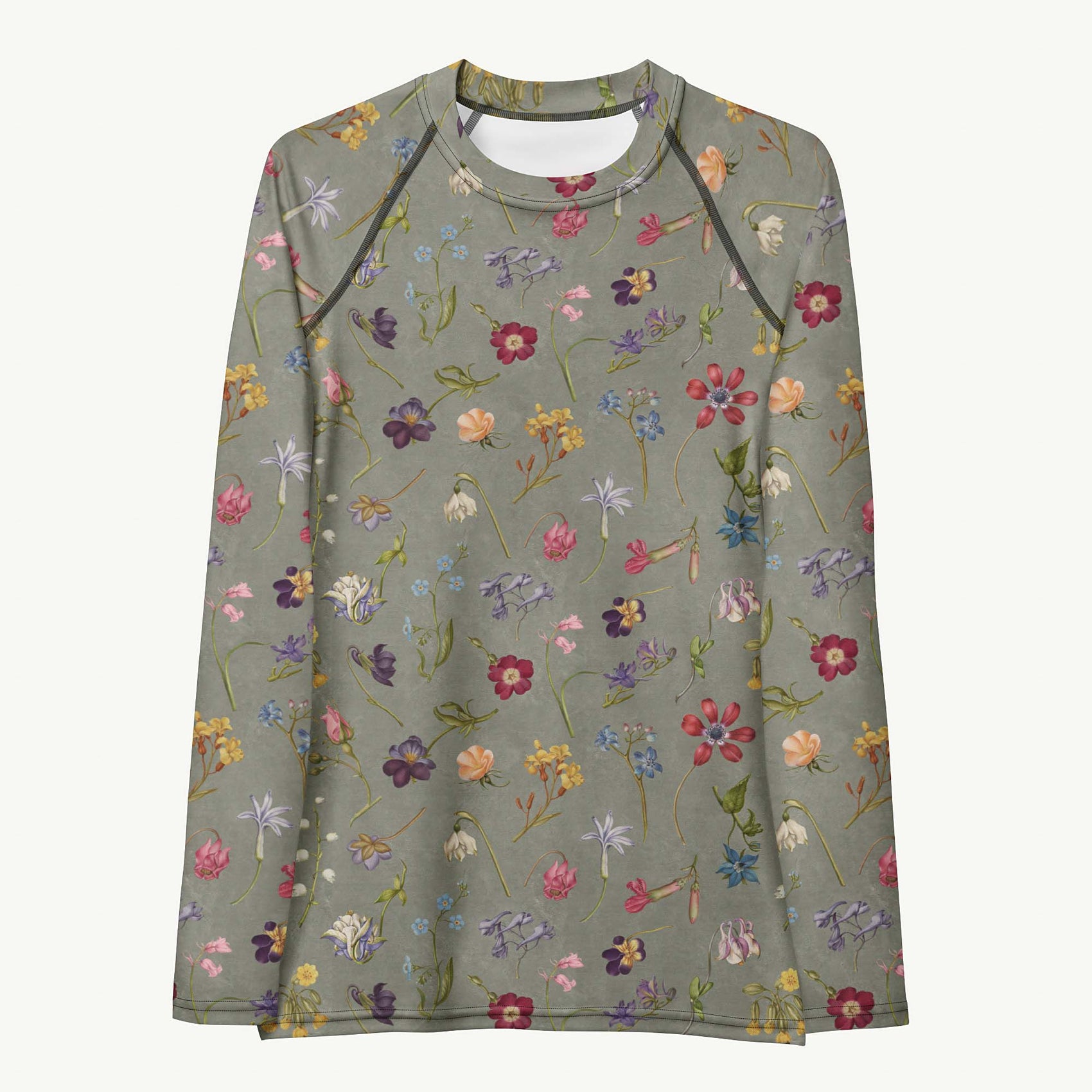 Hibis-Kiss Me Rash Guard featuring Moody pale blue background with jewel-bright painted flower specimens from a 16th century Flemish illuminated manuscript in rich, vivid colours, lightweight women’s rash guard