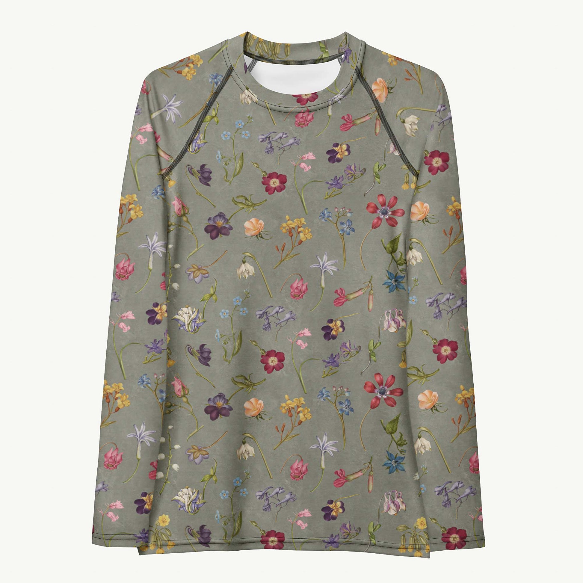 Hibis-Kiss Me Rash Guard featuring Moody pale blue background with jewel-bright painted flower specimens from a 16th century Flemish illuminated manuscript in rich, vivid colours, lightweight women’s rash guard