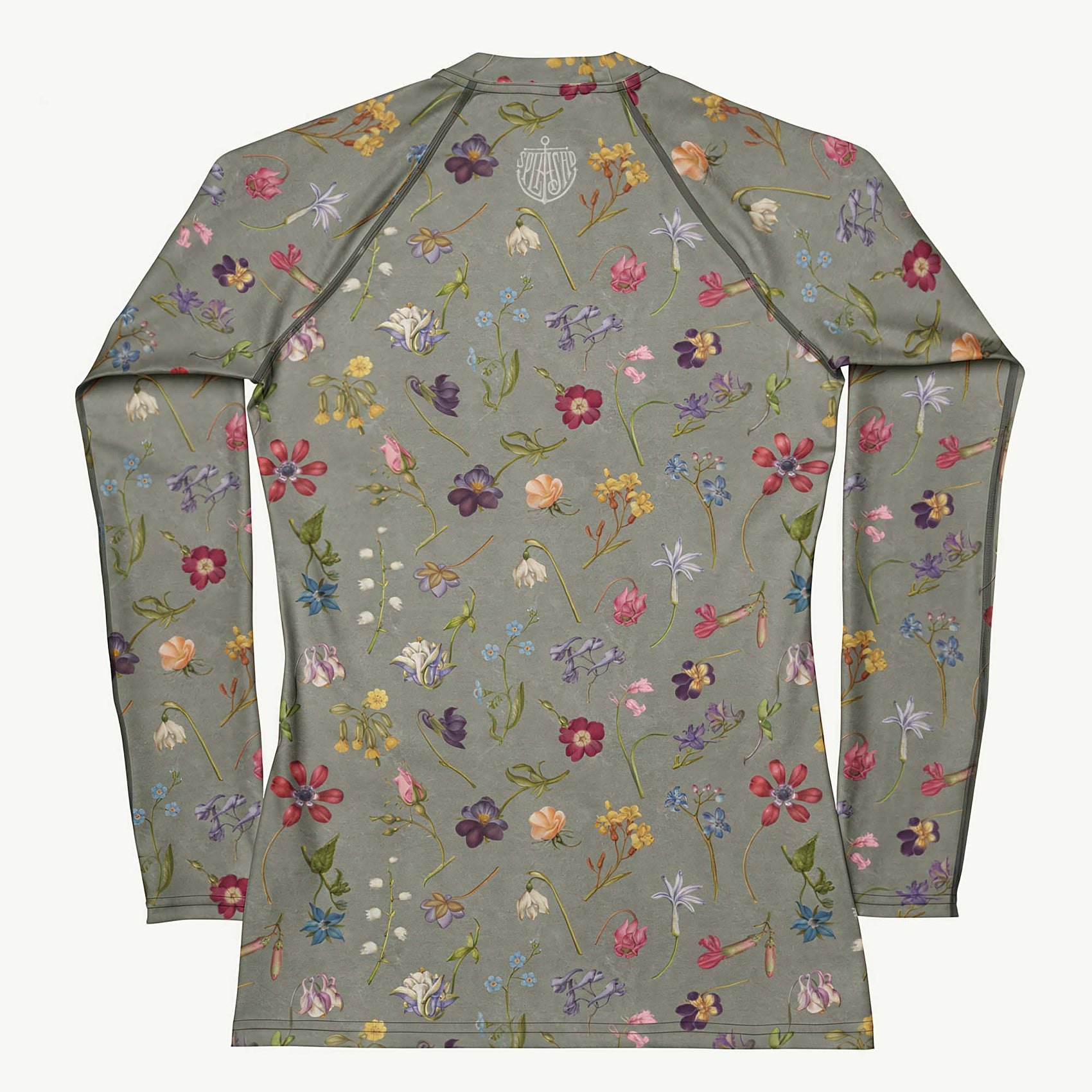 Hibis-Kiss Me Rash Guard featuring Moody pale blue background with jewel-bright painted flower specimens from a 16th century Flemish illuminated manuscript in rich, vivid colours, women’s rash guard in vintage print
