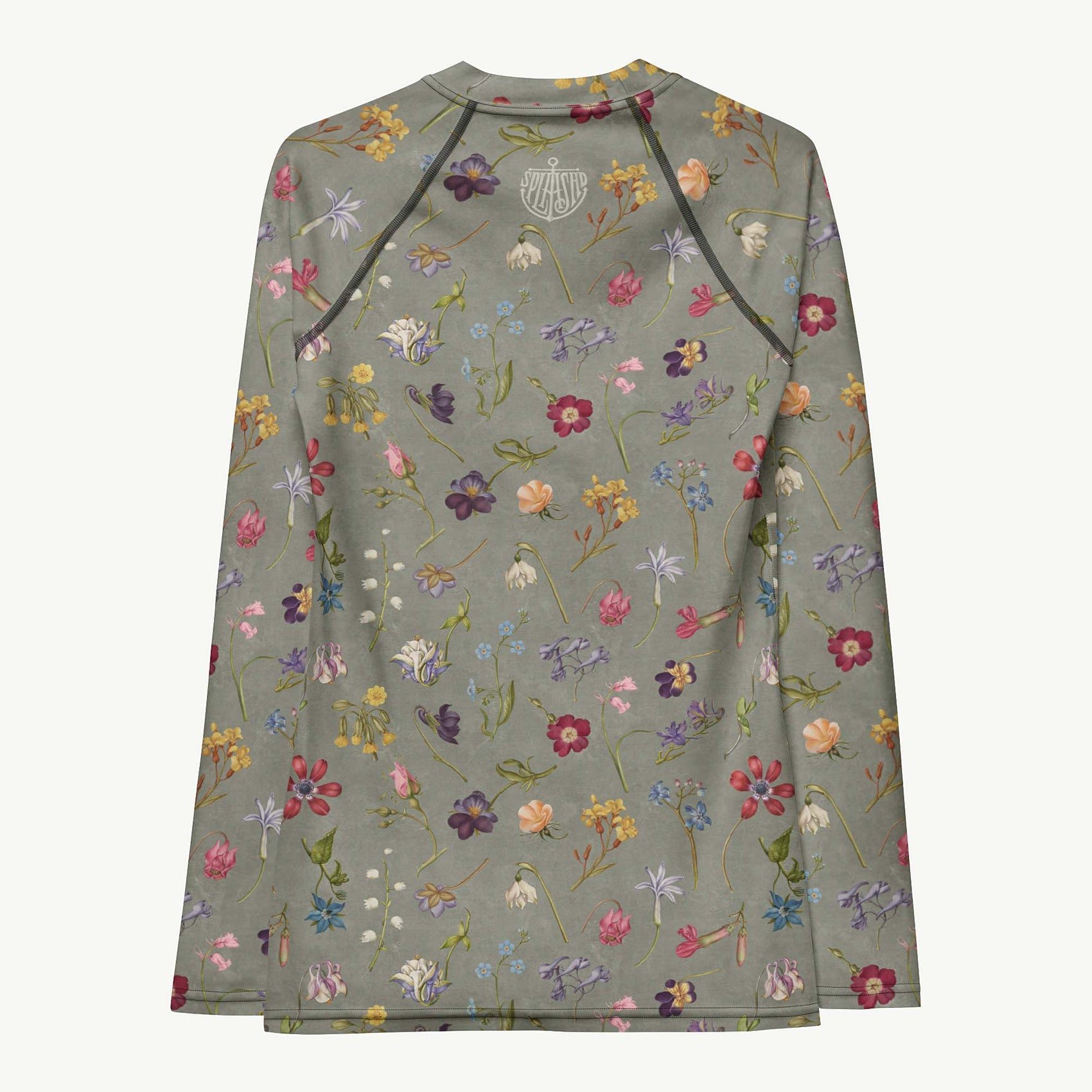 Hibis-Kiss Me Rash Guard featuring Moody pale blue background with jewel-bright painted flower specimens from a 16th century Flemish illuminated manuscript in rich, vivid colours, women’s rash guard with detailed artwork