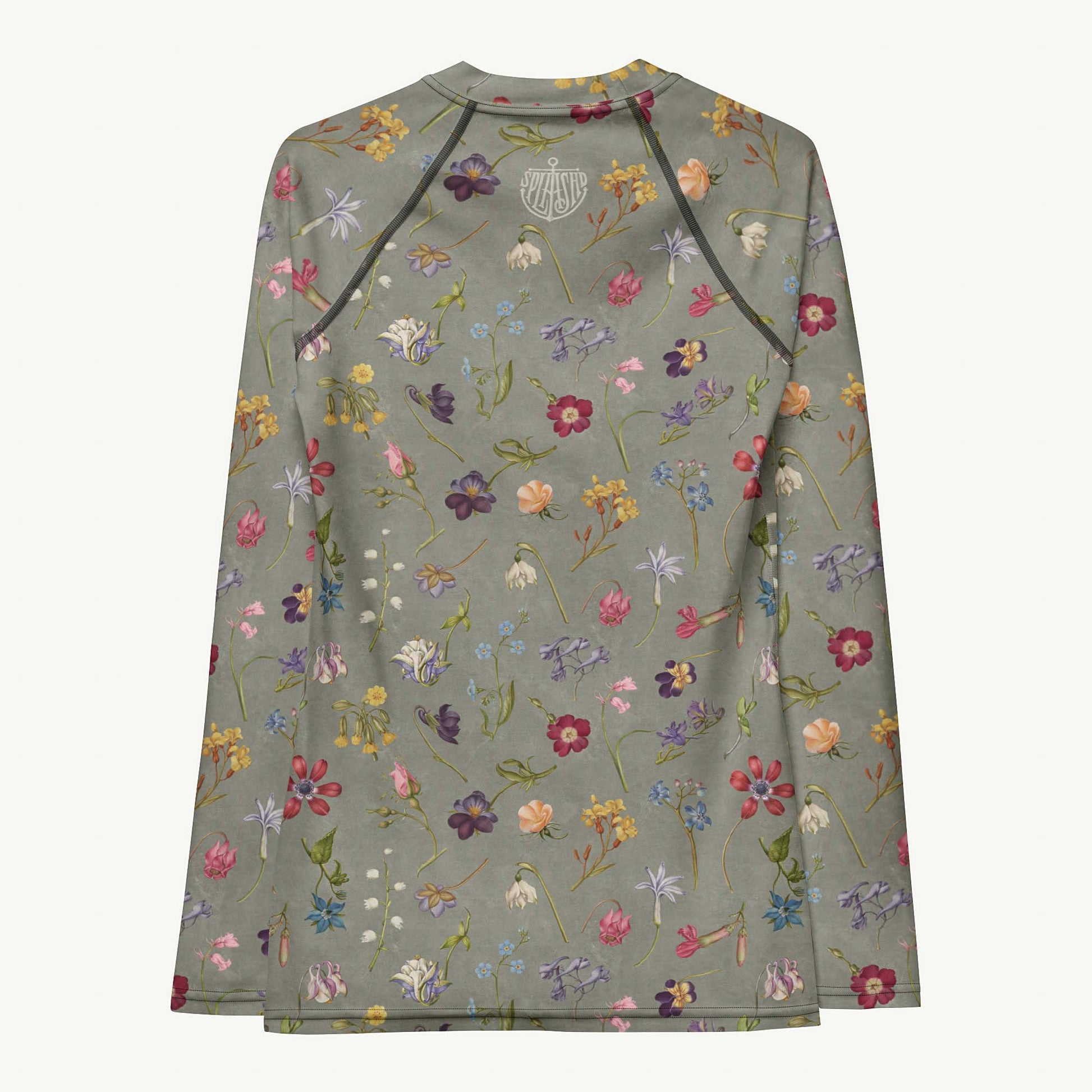 Hibis-Kiss Me Rash Guard featuring Moody pale blue background with jewel-bright painted flower specimens from a 16th century Flemish illuminated manuscript in rich, vivid colours, women’s rash guard with detailed artwork
