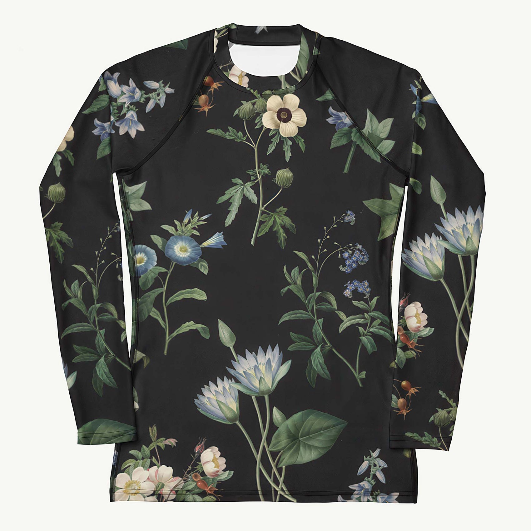 I Beg Your Garden Blue Rash Guard featuring Striking black background with curated blue and white botanical illustrations by Pierre-Joseph Redouté, the celebrated 19th century court botanical painter, women’s rash guard