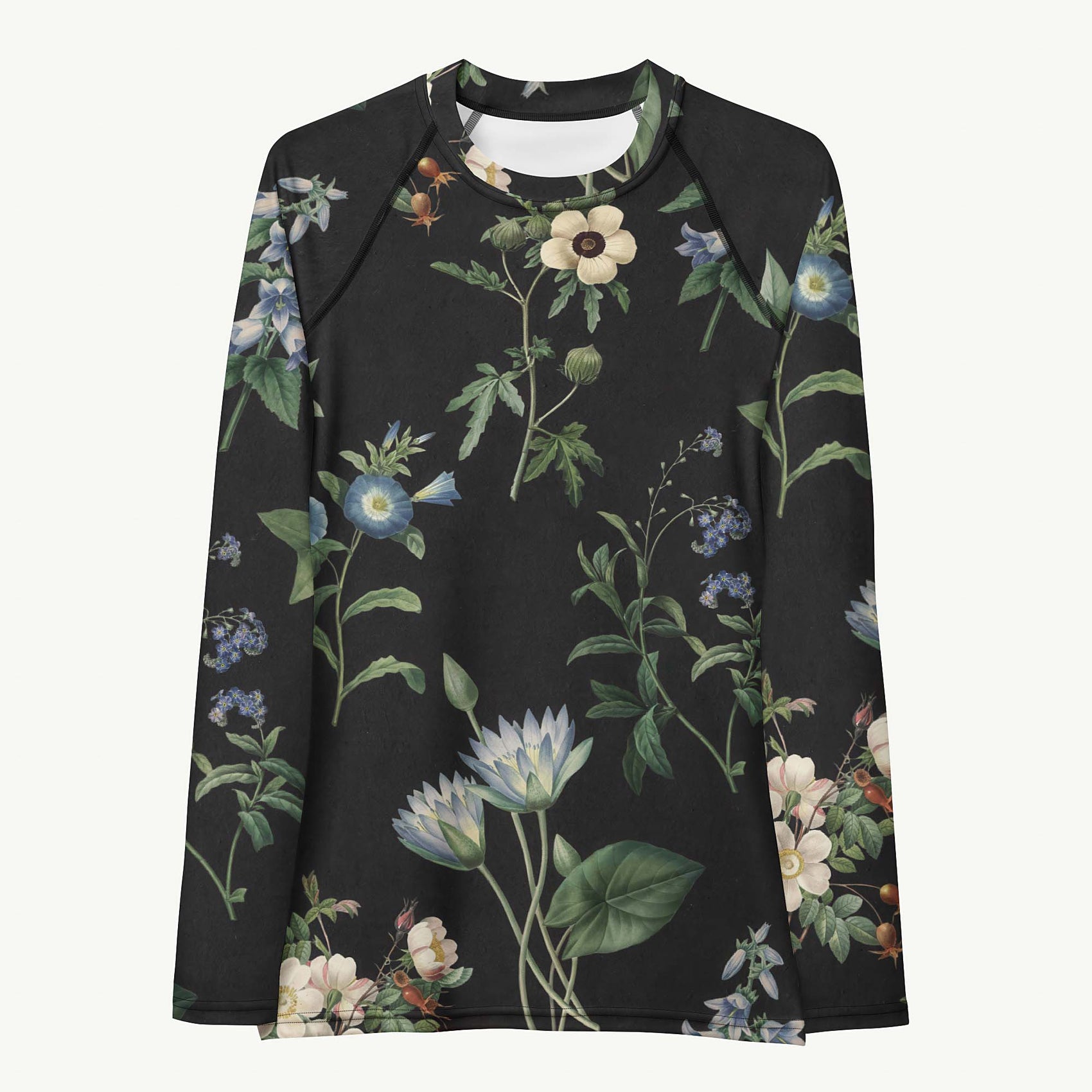 I Beg Your Garden Blue Rash Guard featuring Striking black background with curated blue and white botanical illustrations by Pierre-Joseph Redouté, the celebrated 19th century court botanical painter, lightweight women’s rash guard