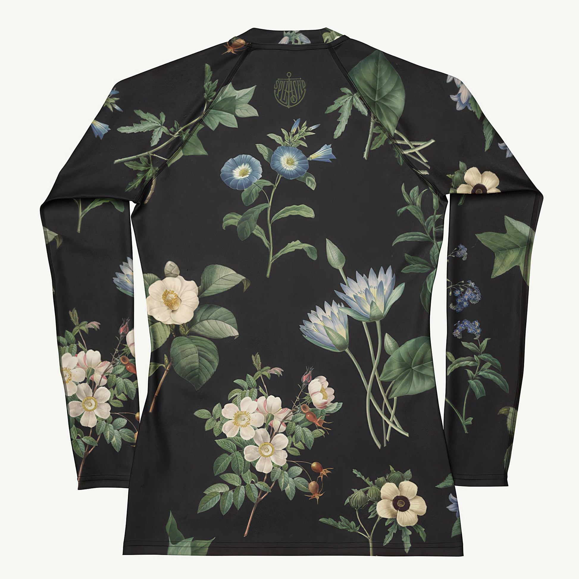 I Beg Your Garden Blue Rash Guard featuring Striking black background with curated blue and white botanical illustrations by Pierre-Joseph Redouté, the celebrated 19th century court botanical painter, women’s rash guard