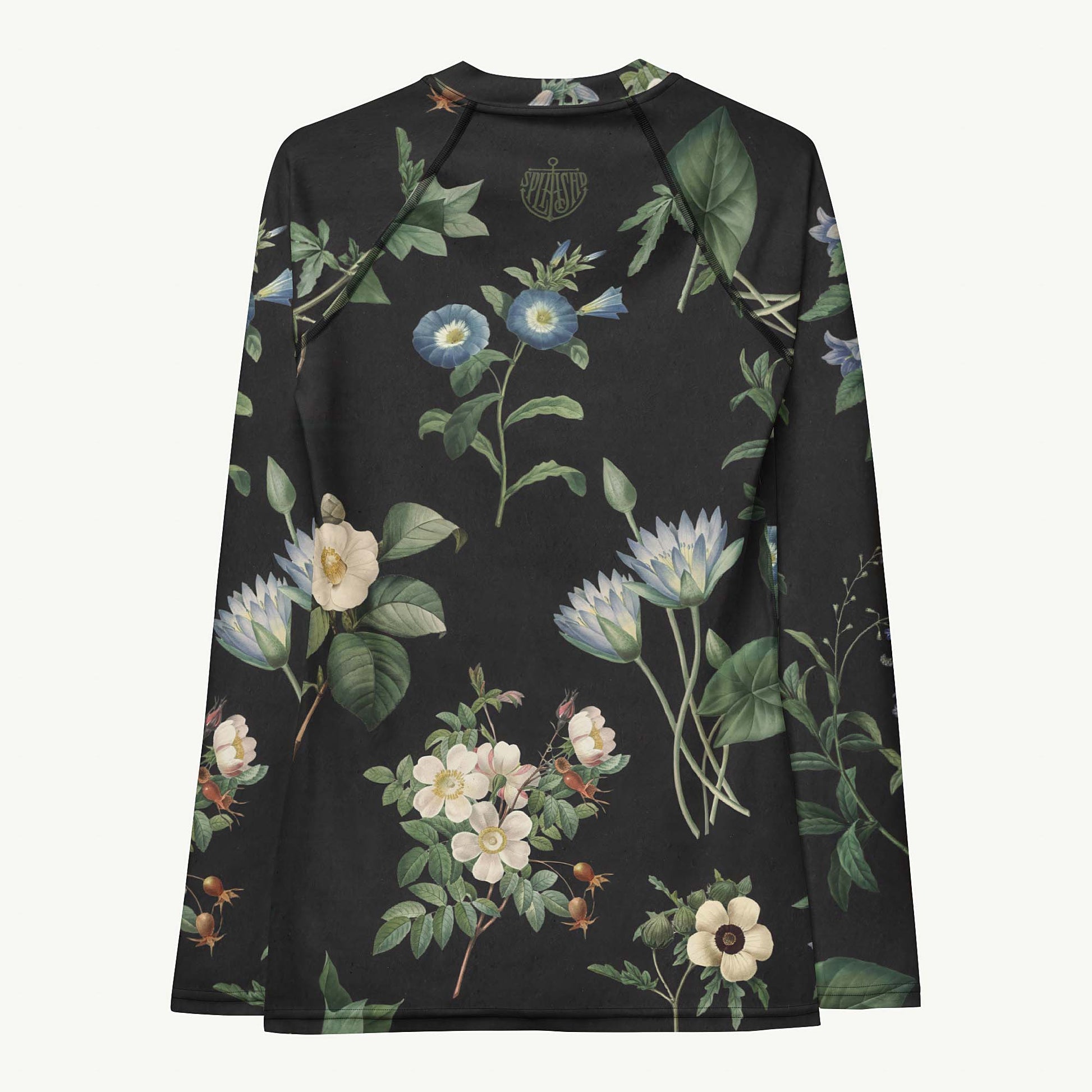 I Beg Your Garden Blue Rash Guard featuring Striking black background with curated blue and white botanical illustrations by Pierre-Joseph Redouté, the celebrated 19th century court botanical painter, women’s rash guard with detailed artwork