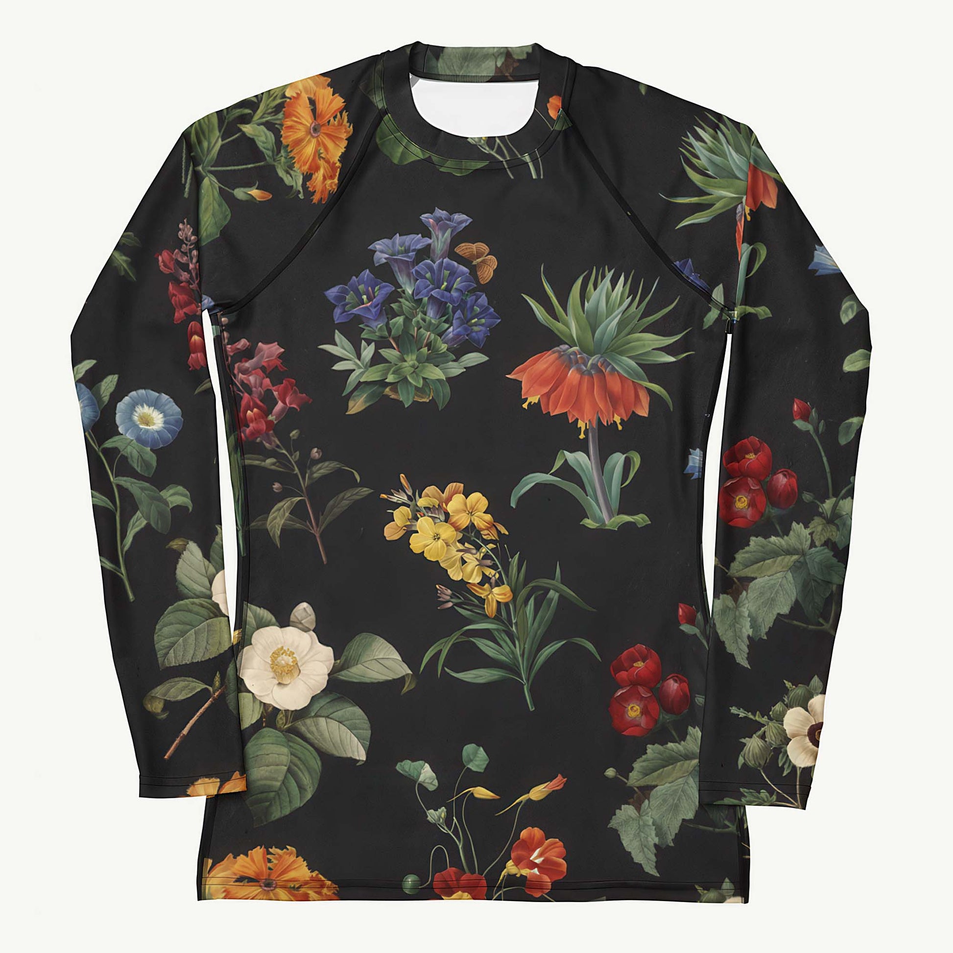 I Beg Your Garden Rash Guard featuring Bold black background with the full rich colour palette of Pierre-Joseph Redouté's celebrated 19th century royal botanical illustrations in jewel-bright tones, women’s rash guard