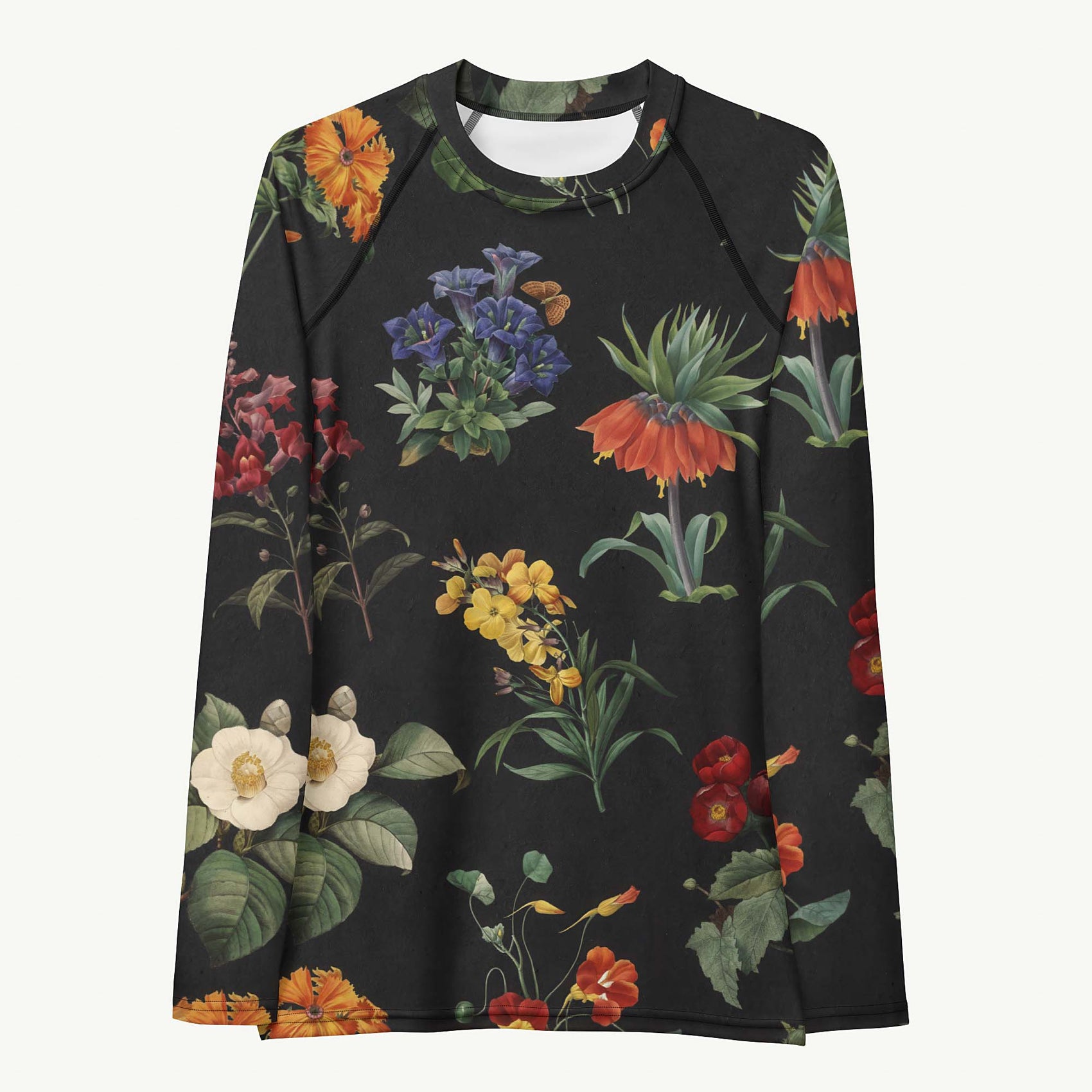 I Beg Your Garden Rash Guard featuring Bold black background with the full rich colour palette of Pierre-Joseph Redouté's celebrated 19th century royal botanical illustrations in jewel-bright tones, lightweight women’s rash guard