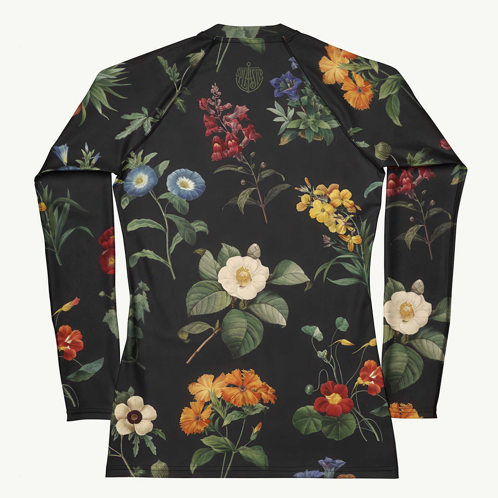 I Beg Your Garden Rash Guard featuring Bold black background with the full rich colour palette of Pierre-Joseph Redouté's celebrated 19th century royal botanical illustrations in jewel-bright tones, women’s rash guard in vintage print