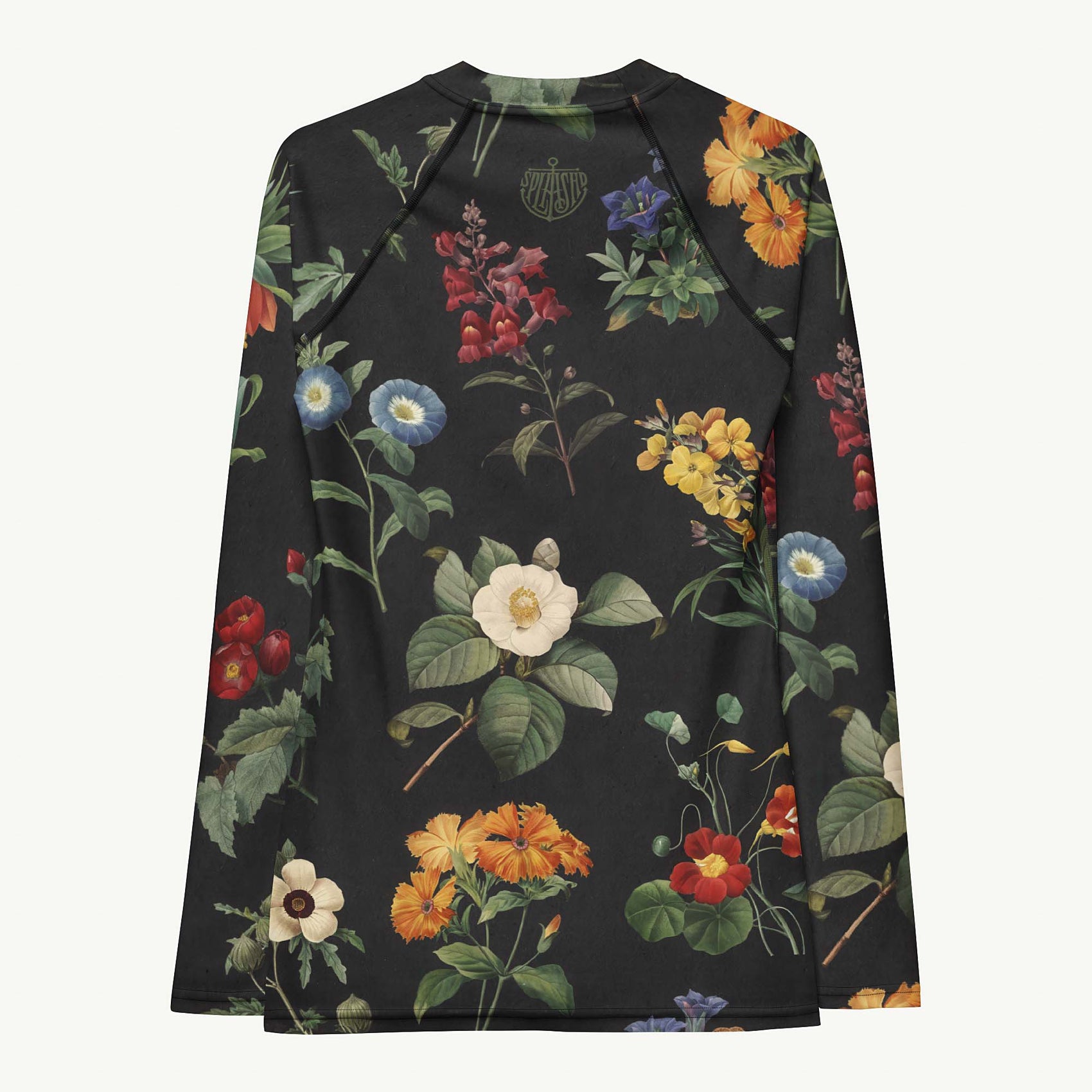 I Beg Your Garden Rash Guard featuring Bold black background with the full rich colour palette of Pierre-Joseph Redouté's celebrated 19th century royal botanical illustrations in jewel-bright tones, women’s rash guard with detailed artwork