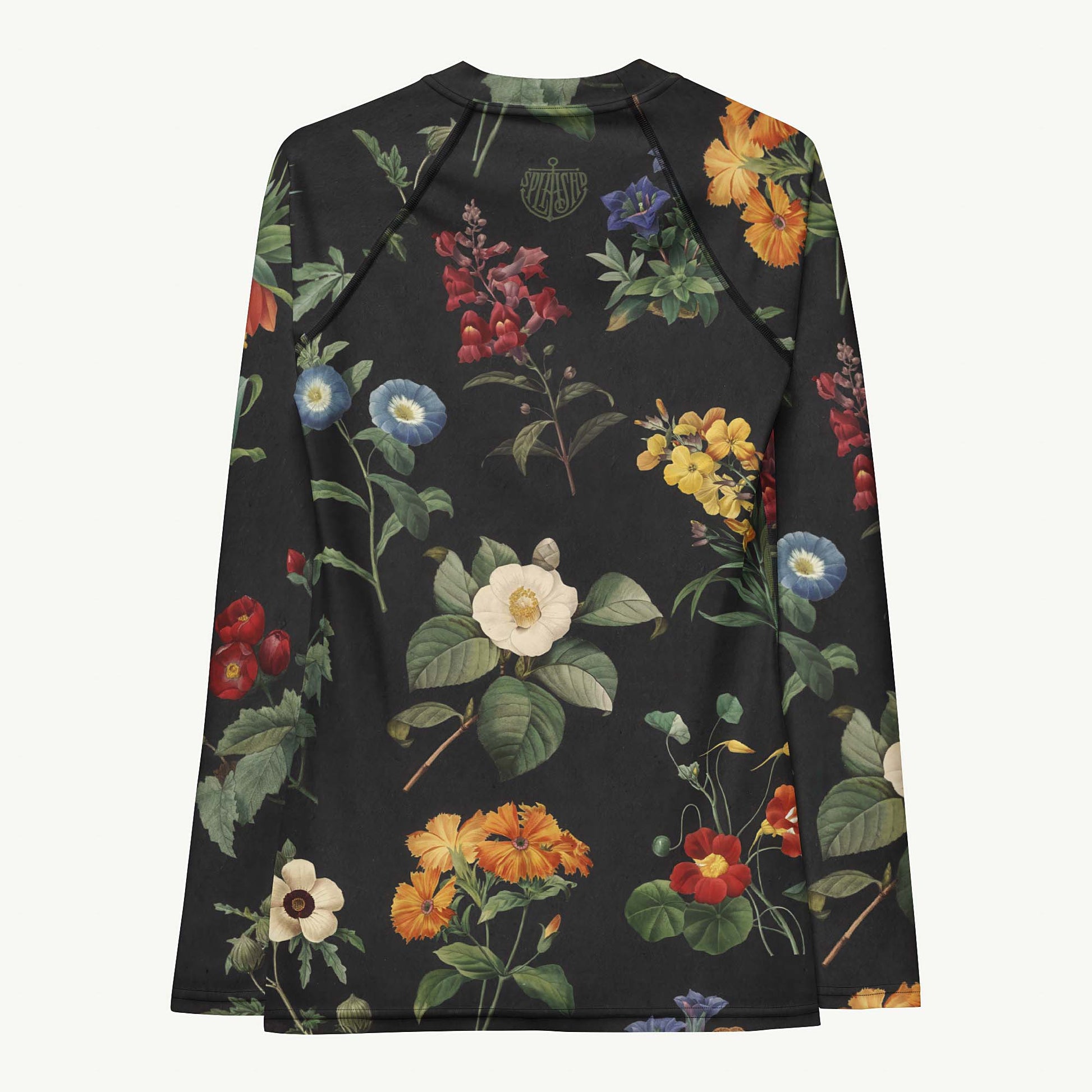 I Beg Your Garden Rash Guard featuring Bold black background with the full rich colour palette of Pierre-Joseph Redouté's celebrated 19th century royal botanical illustrations in jewel-bright tones, women’s rash guard with detailed artwork