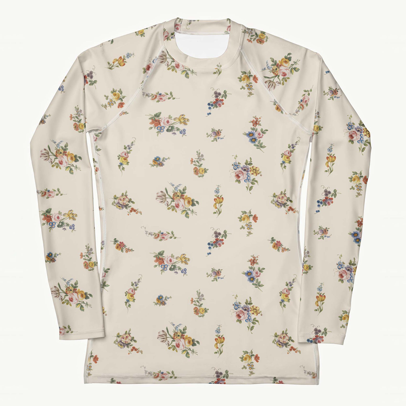 I Lilac You A Lot Rash Guard featuring Soft cream background with delicate romantic floral motifs taken from 18th century French porcelain designs in gentle pinks, mauves and lilacs, women’s rash guard in vintage print