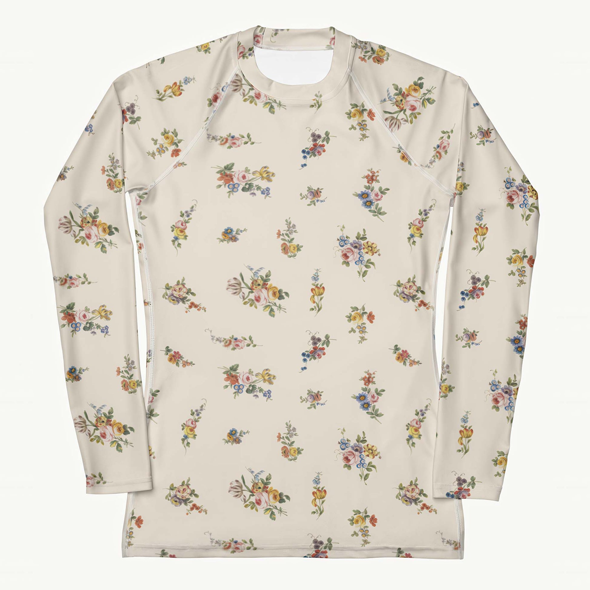 I Lilac You A Lot Rash Guard featuring Soft cream background with delicate romantic floral motifs taken from 18th century French porcelain designs in gentle pinks, mauves and lilacs, women’s rash guard in vintage print