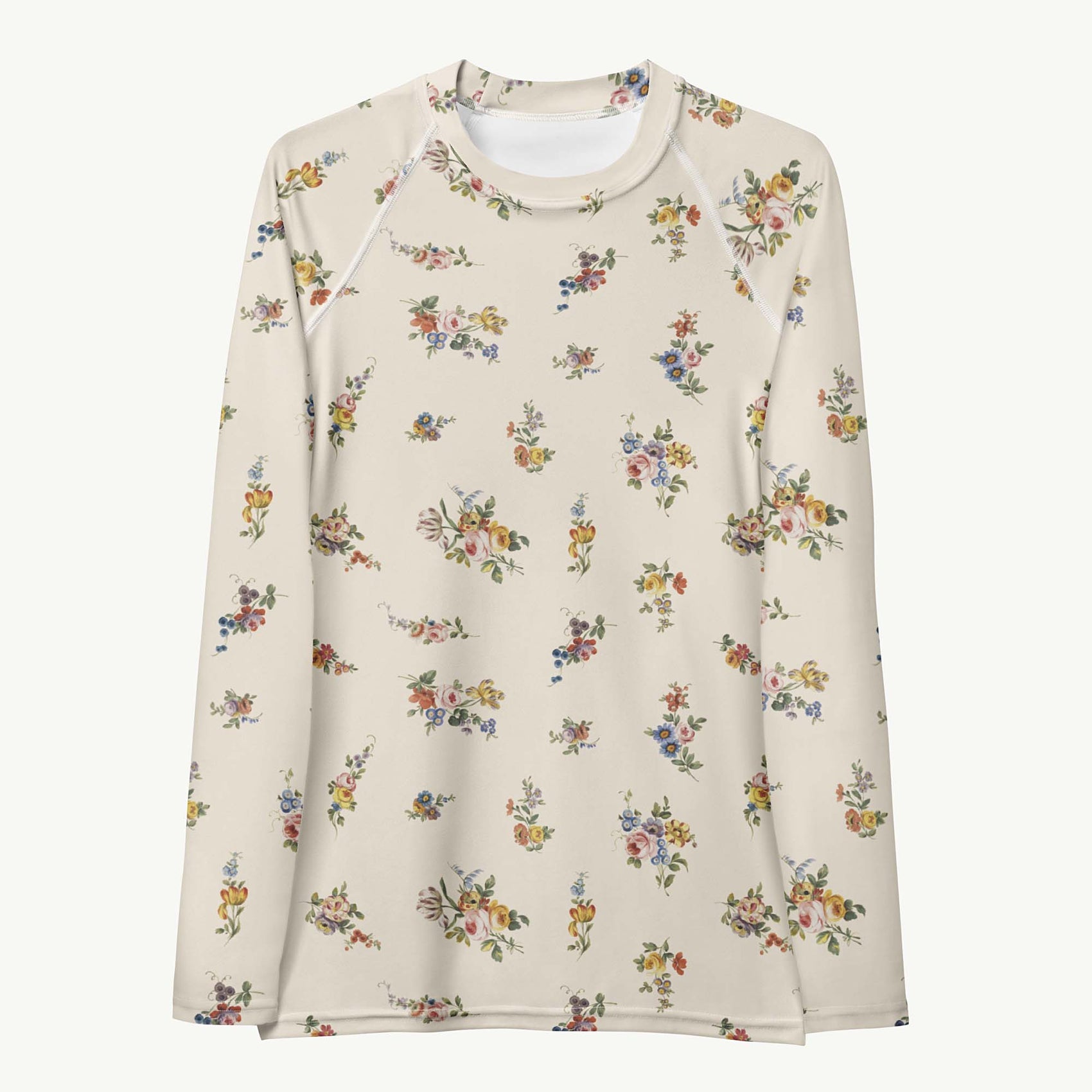 I Lilac You A Lot Rash Guard featuring Soft cream background with delicate romantic floral motifs taken from 18th century French porcelain designs in gentle pinks, mauves and lilacs, lightweight women’s rash guard