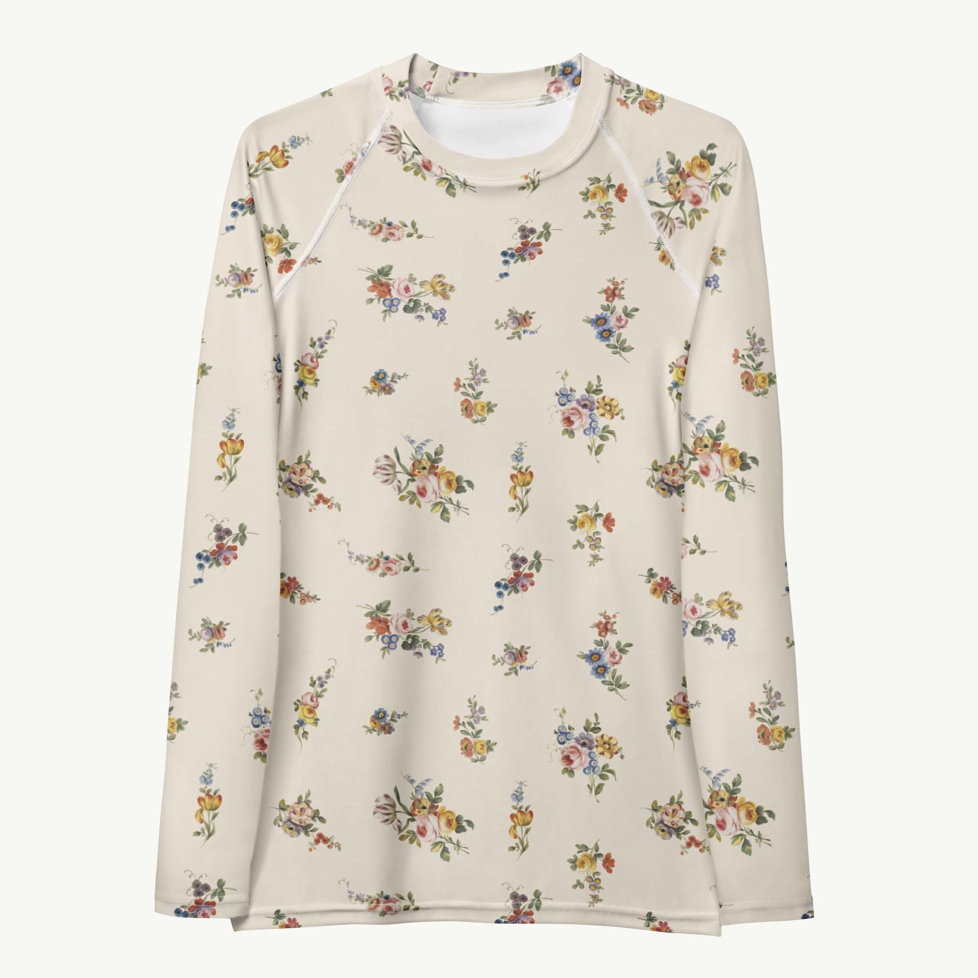 I Lilac You A Lot Rash Guard featuring Soft cream background with delicate romantic floral motifs taken from 18th century French porcelain designs in gentle pinks, mauves and lilacs, lightweight women’s rash guard
