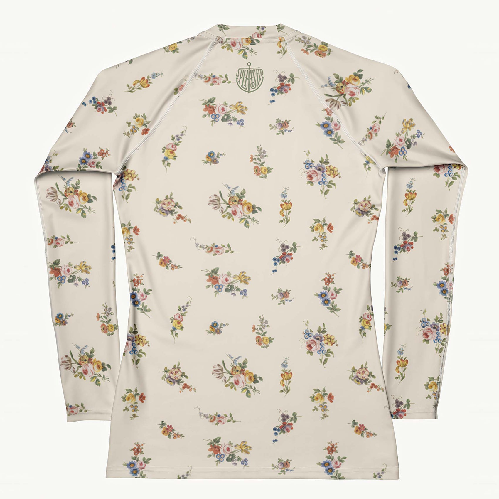 I Lilac You A Lot Rash Guard featuring Soft cream background with delicate romantic floral motifs taken from 18th century French porcelain designs in gentle pinks, mauves and lilacs, women’s rash guard in vintage print