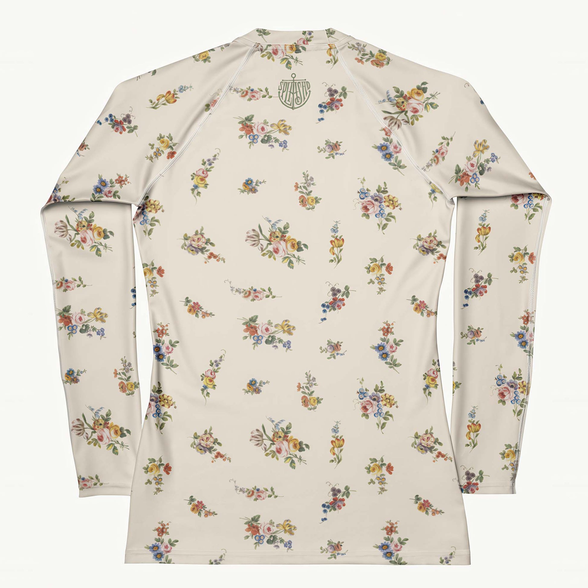 I Lilac You A Lot Rash Guard featuring Soft cream background with delicate romantic floral motifs taken from 18th century French porcelain designs in gentle pinks, mauves and lilacs, women’s rash guard in vintage print
