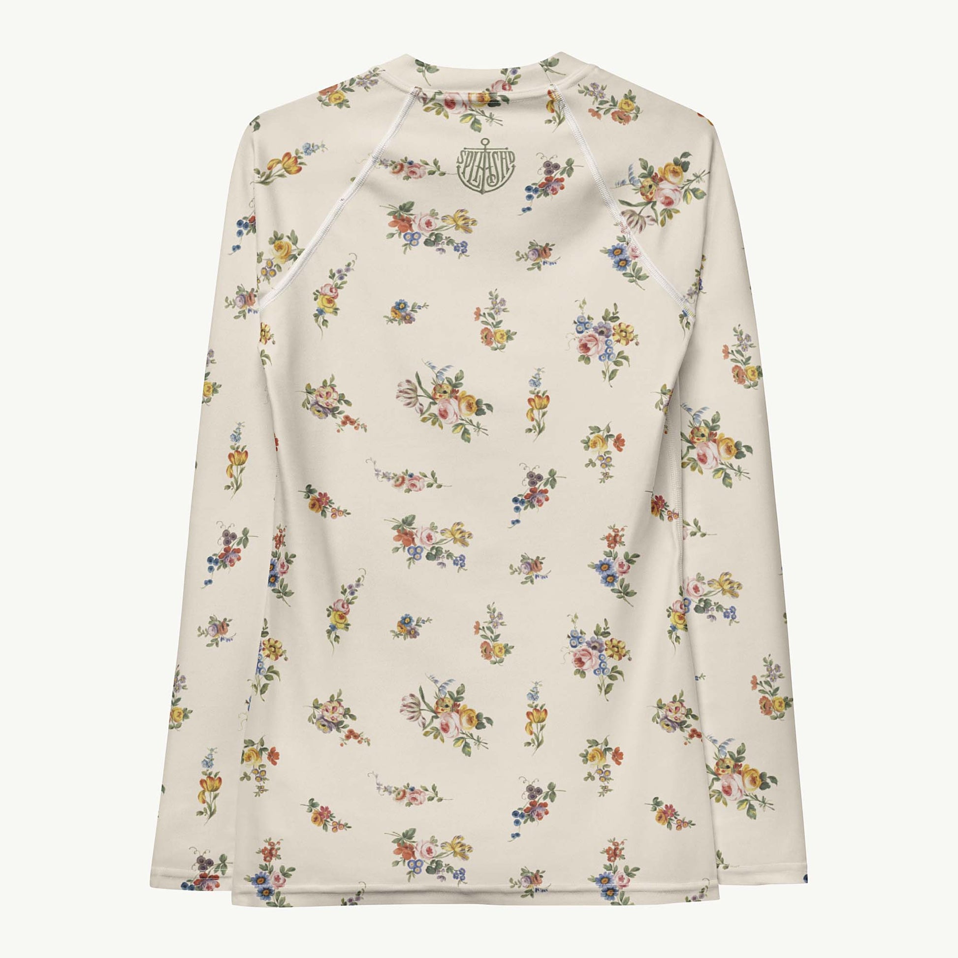 I Lilac You A Lot Rash Guard featuring Soft cream background with delicate romantic floral motifs taken from 18th century French porcelain designs in gentle pinks, mauves and lilacs, women’s rash guard
