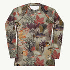 Kelp Calm And Coral On Rash Guard featuring Moody brown background with layered Victorian marine engravings of coral, kelp and fish in deep purples, reds and burnt oranges, women’s rash guard in vintage print