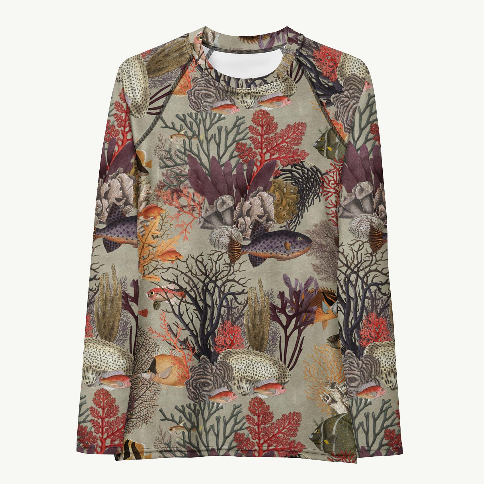 Kelp Calm And Coral On Rash Guard featuring Moody brown background with layered Victorian marine engravings of coral, kelp and fish in deep purples, reds and burnt oranges, women’s rash guard in vintage print