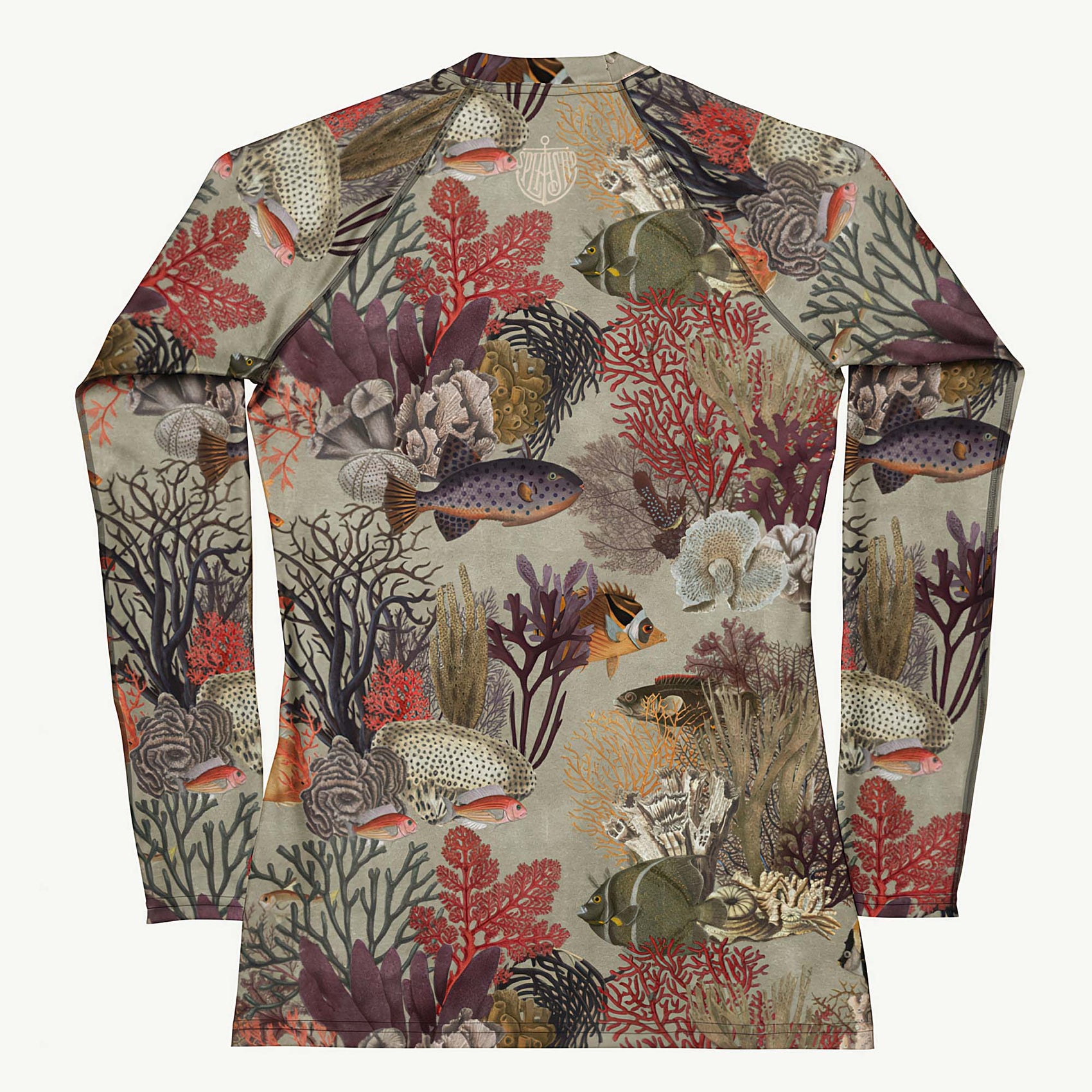 Kelp Calm And Coral On Rash Guard featuring Moody brown background with layered Victorian marine engravings of coral, kelp and fish in deep purples, reds and burnt oranges, women’s rash guard in vintage print