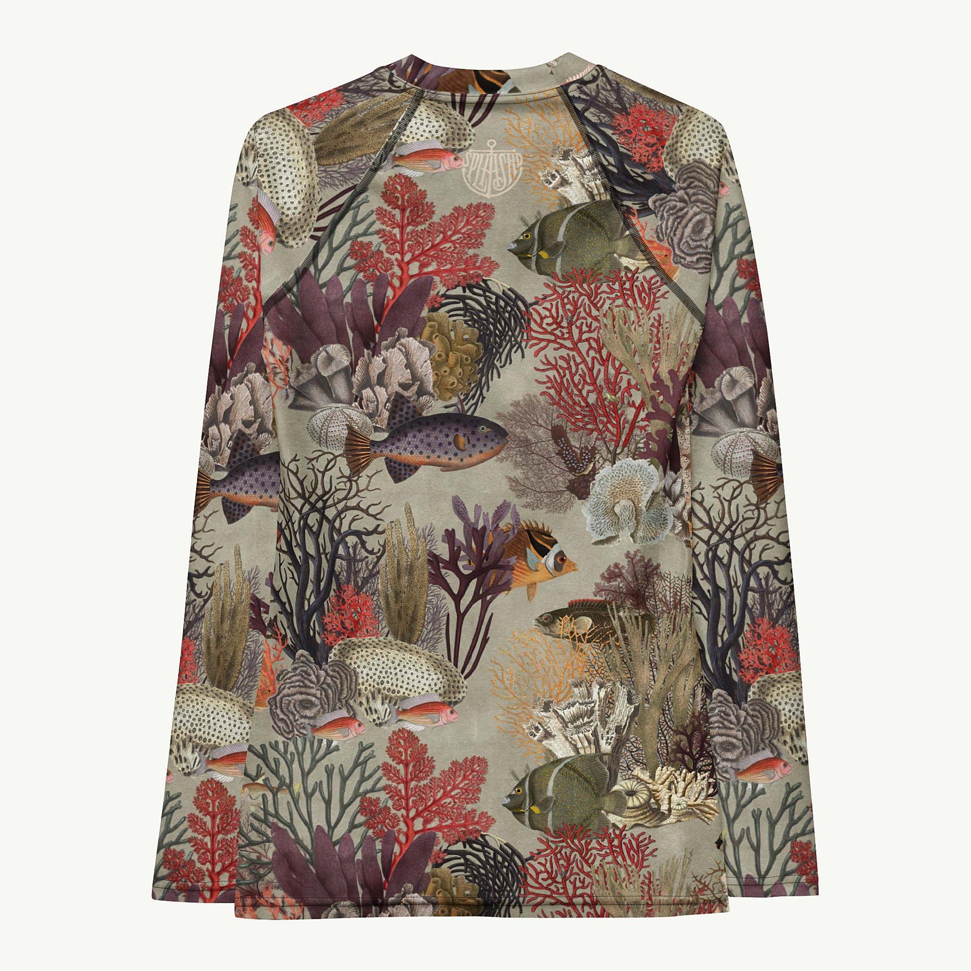 Kelp Calm And Coral On Rash Guard featuring Moody brown background with layered Victorian marine engravings of coral, kelp and fish in deep purples, reds and burnt oranges, women’s rash guard in vintage print