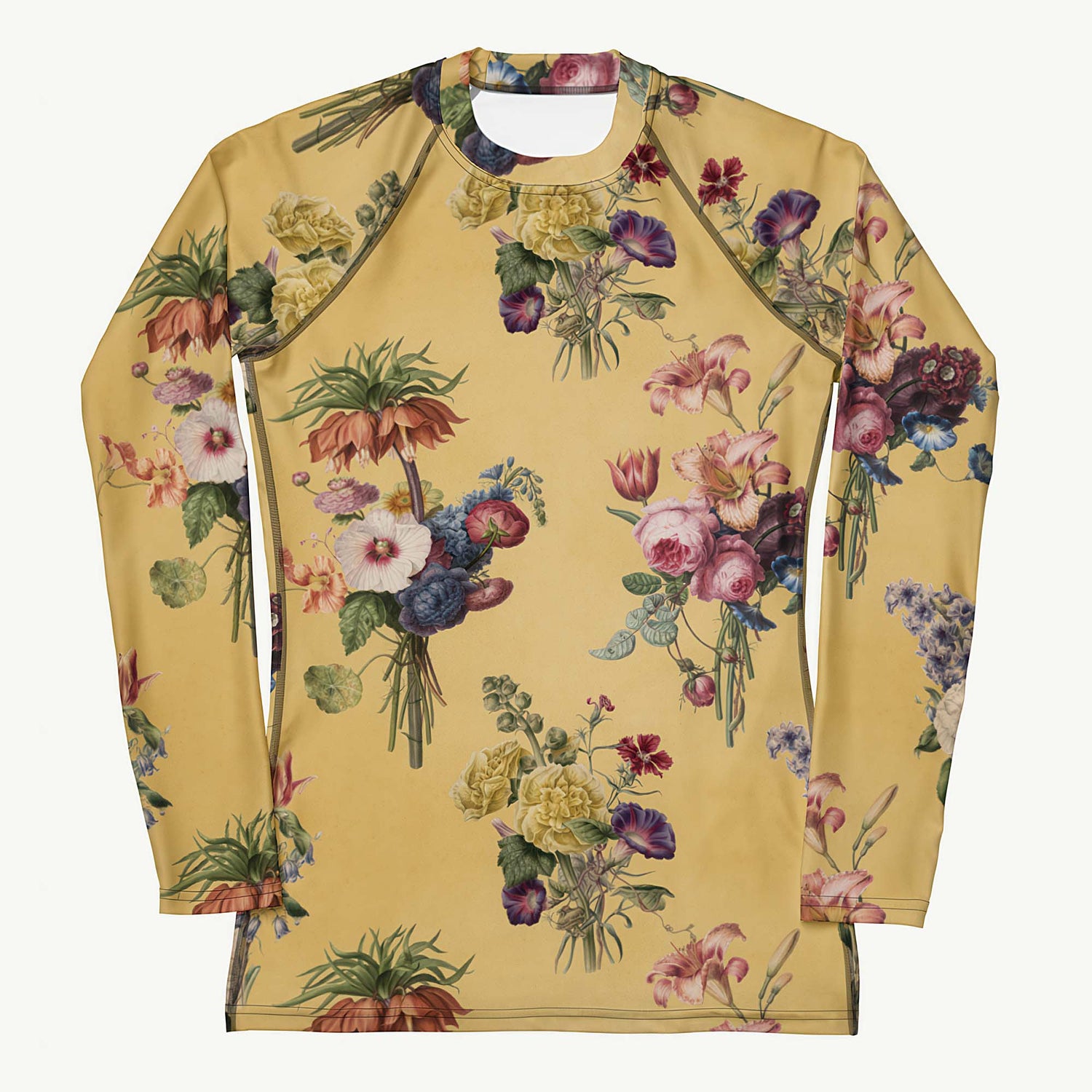 Let's Do Bunch! Rash Guard featuring Warm butter yellow background with abundant, richly coloured Dutch Master watercolour floral bouquets in a joyful, overflowing repeat pattern, women’s rash guard