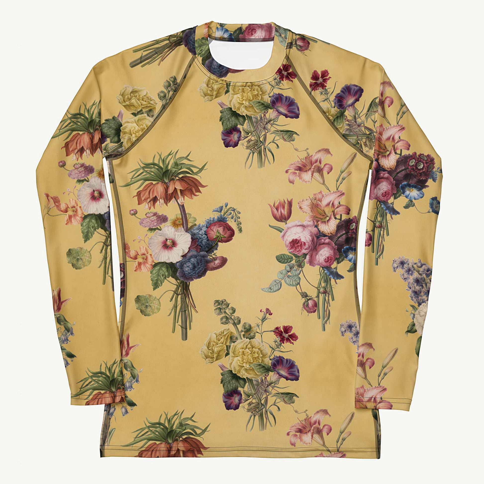 Let's Do Bunch! Rash Guard featuring Warm butter yellow background with abundant, richly coloured Dutch Master watercolour floral bouquets in a joyful, overflowing repeat pattern, women’s rash guard