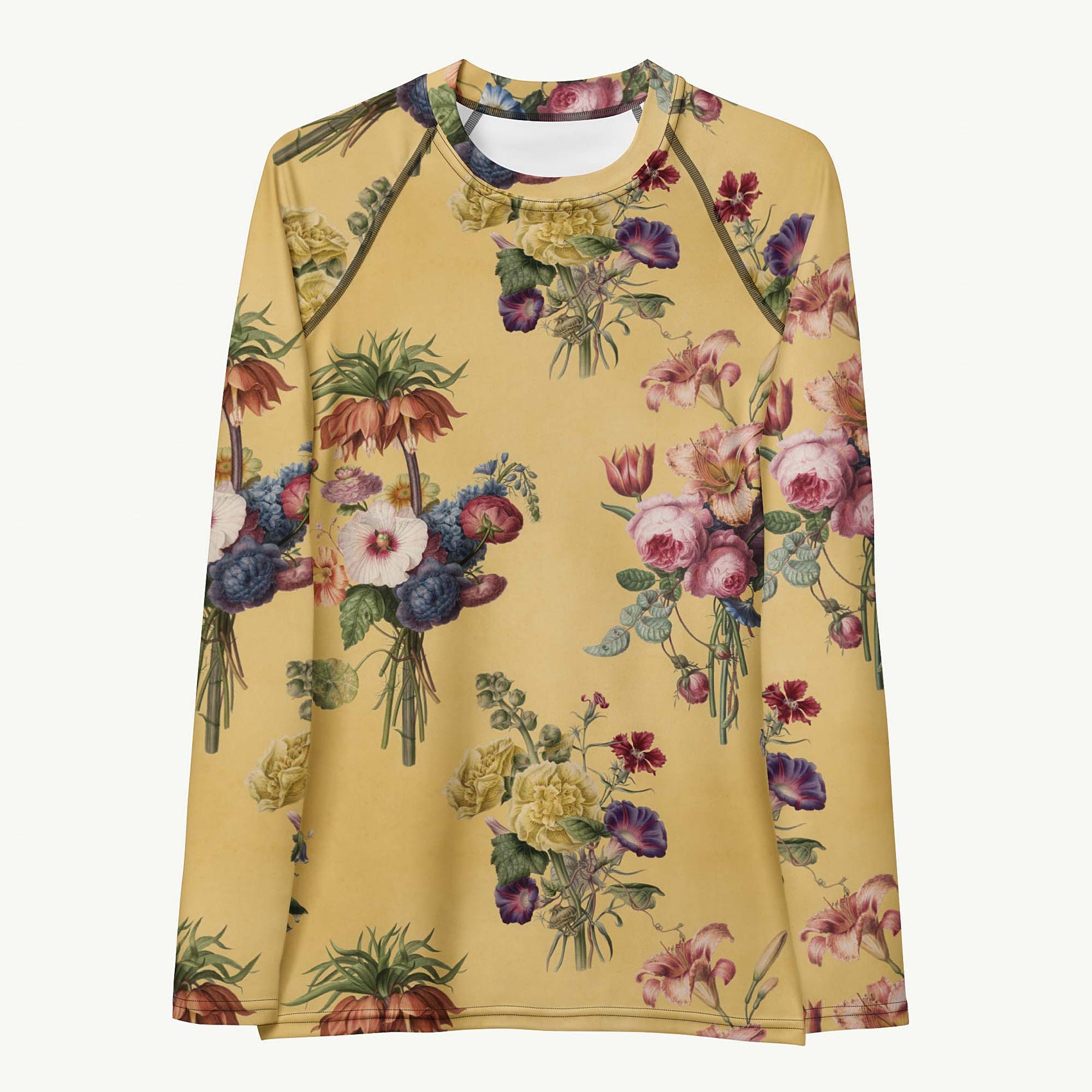 Let's Do Bunch! Rash Guard featuring Warm butter yellow background with abundant, richly coloured Dutch Master watercolour floral bouquets in a joyful, overflowing repeat pattern, lightweight women’s rash guard