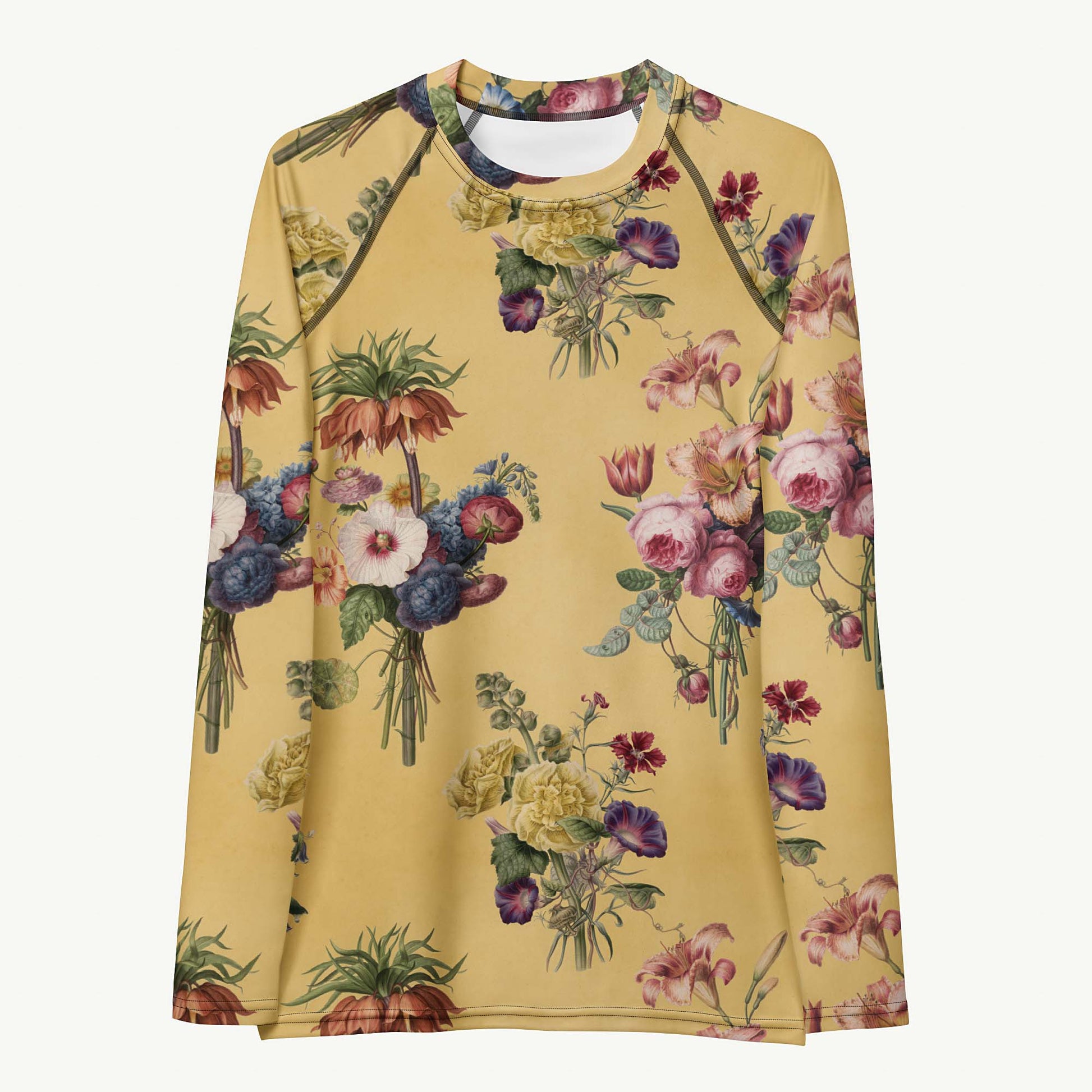 Let's Do Bunch! Rash Guard featuring Warm butter yellow background with abundant, richly coloured Dutch Master watercolour floral bouquets in a joyful, overflowing repeat pattern, lightweight women’s rash guard