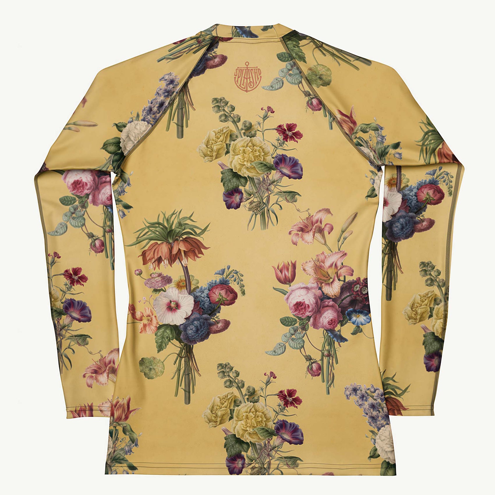Let's Do Bunch! Rash Guard featuring Warm butter yellow background with abundant, richly coloured Dutch Master watercolour floral bouquets in a joyful, overflowing repeat pattern, women’s rash guard