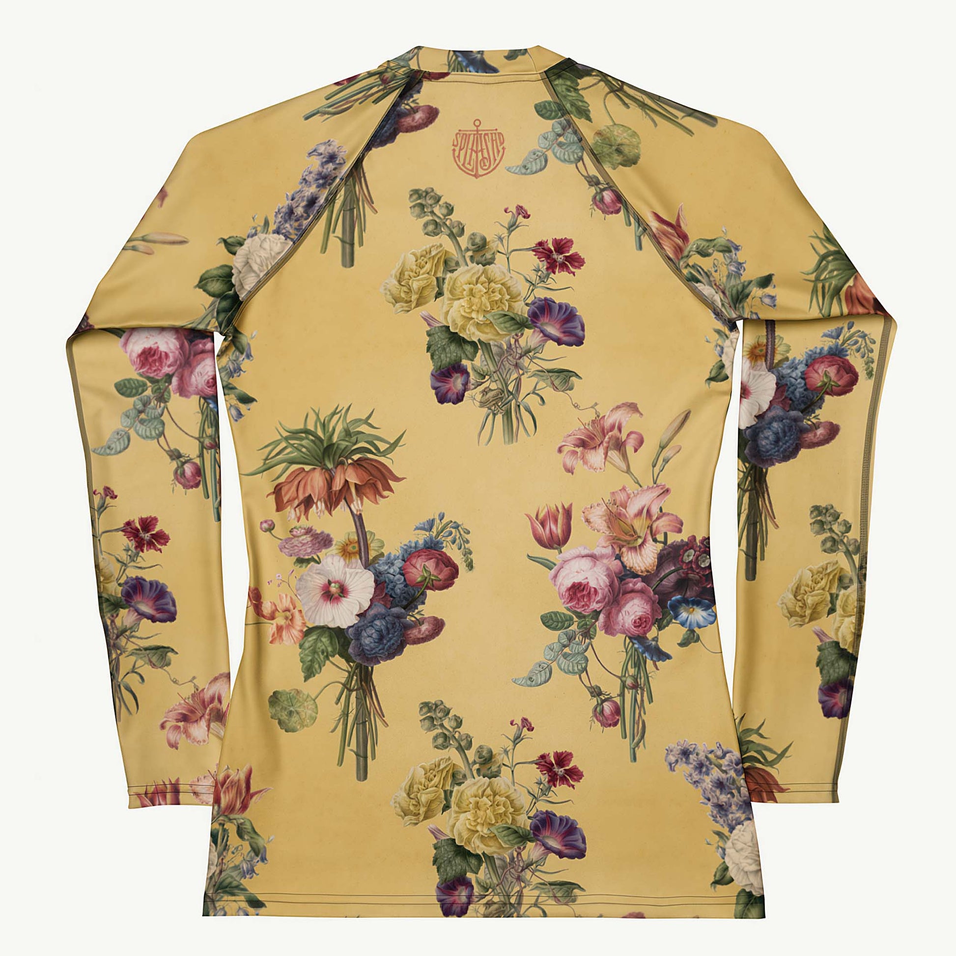 Let's Do Bunch! Rash Guard featuring Warm butter yellow background with abundant, richly coloured Dutch Master watercolour floral bouquets in a joyful, overflowing repeat pattern, women’s rash guard