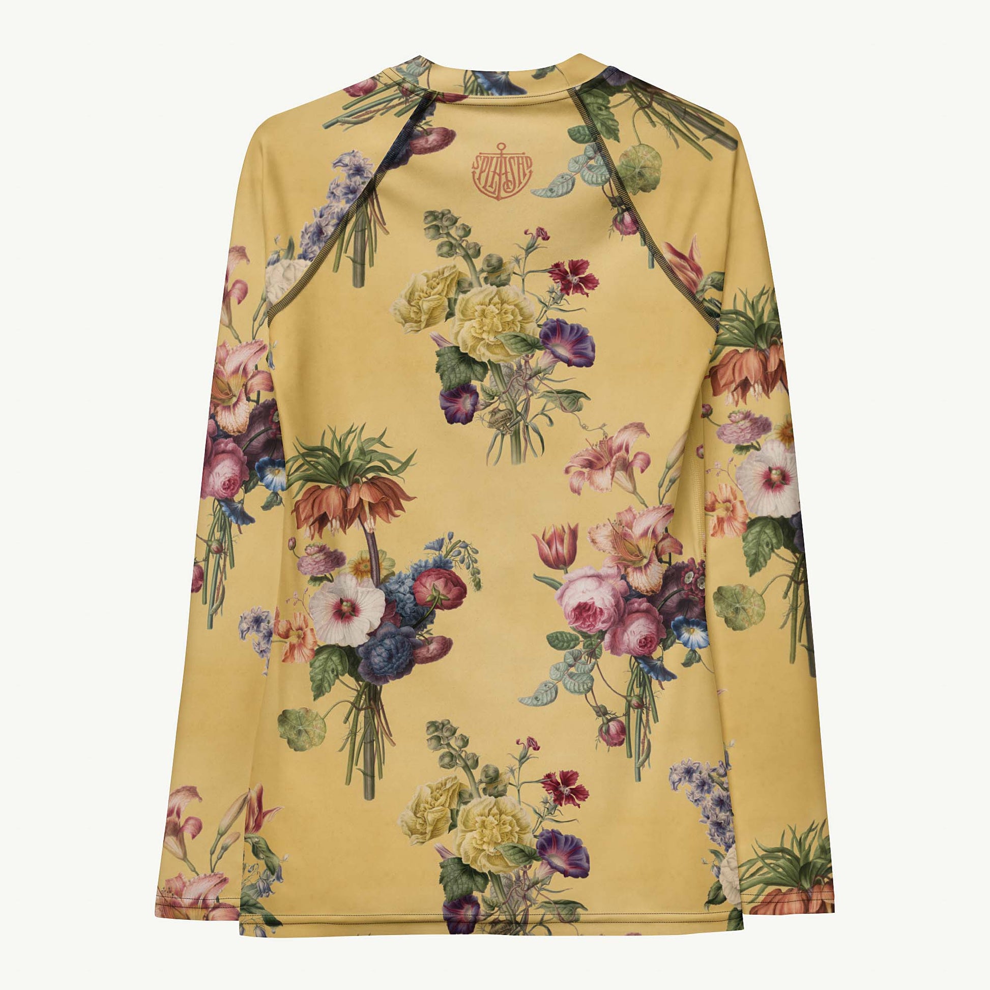 Let's Do Bunch! Rash Guard featuring Warm butter yellow background with abundant, richly coloured Dutch Master watercolour floral bouquets in a joyful, overflowing repeat pattern, women’s rash guard with detailed artwork