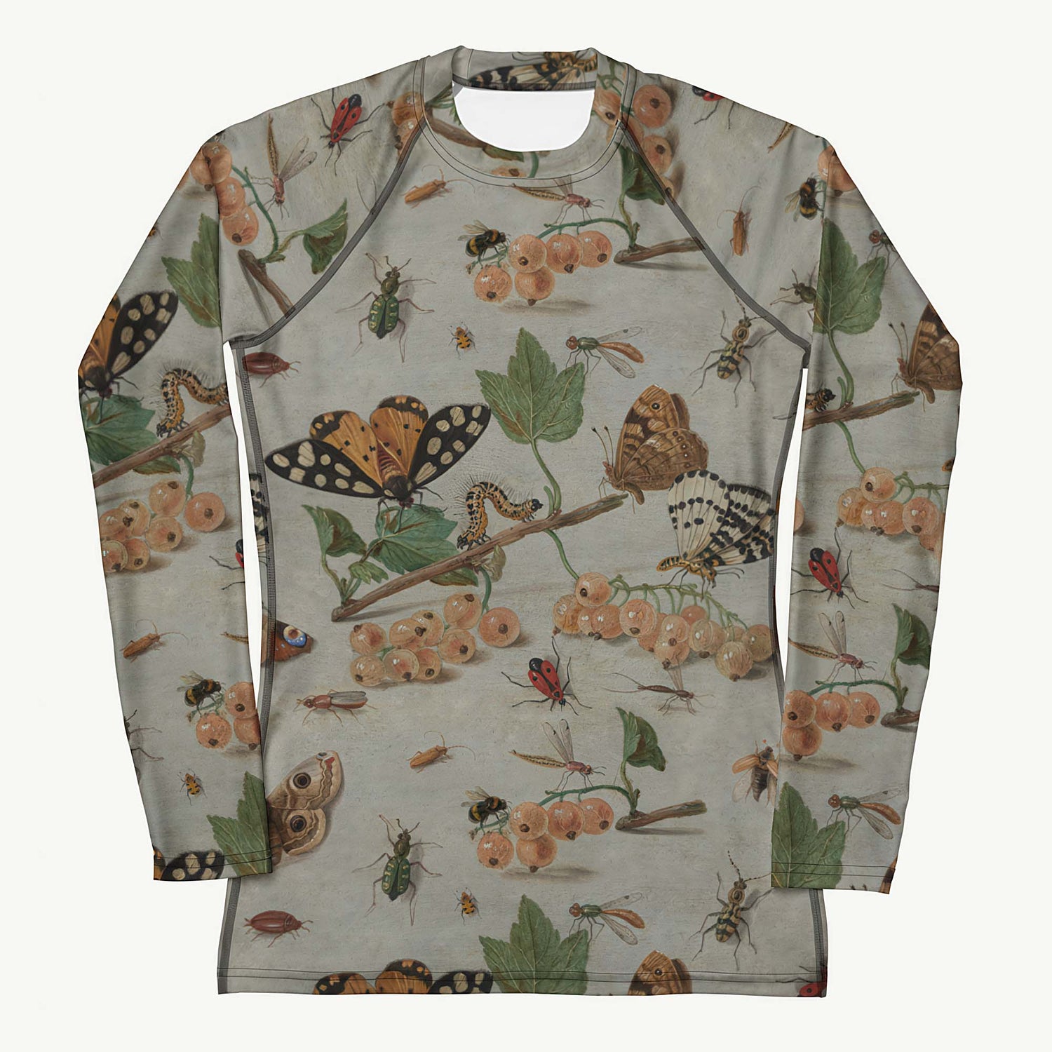 Moth'ly Crew Rash Guard featuring Warm cream background with a detailed 17th century Flemish copper plate still life of white currants, moths and insects in browns, oranges and hints of red and green, women’s rash guard