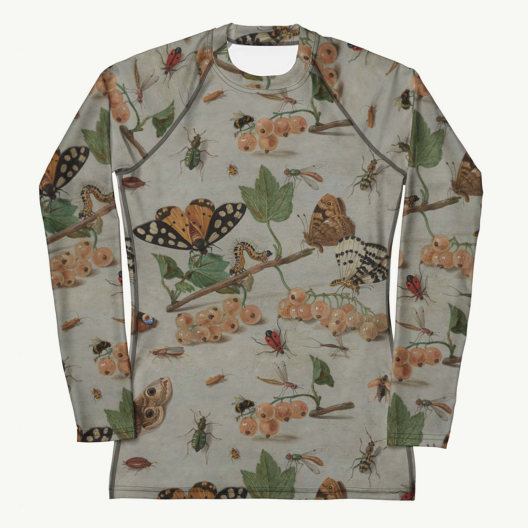 Moth'ly Crew Rash Guard featuring Warm cream background with a detailed 17th century Flemish copper plate still life of white currants, moths and insects in browns, oranges and hints of red and green, women’s rash guard