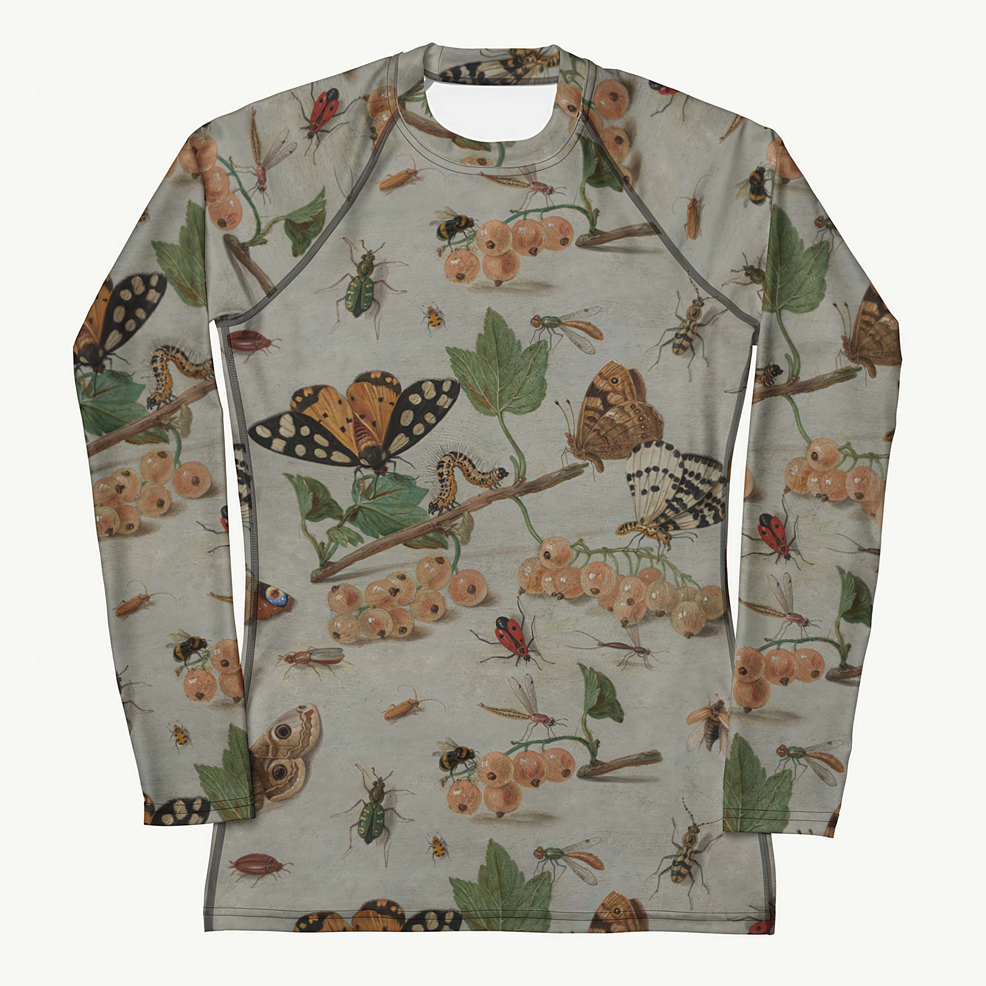 Moth'ly Crew Rash Guard featuring Warm cream background with a detailed 17th century Flemish copper plate still life of white currants, moths and insects in browns, oranges and hints of red and green, women’s rash guard
