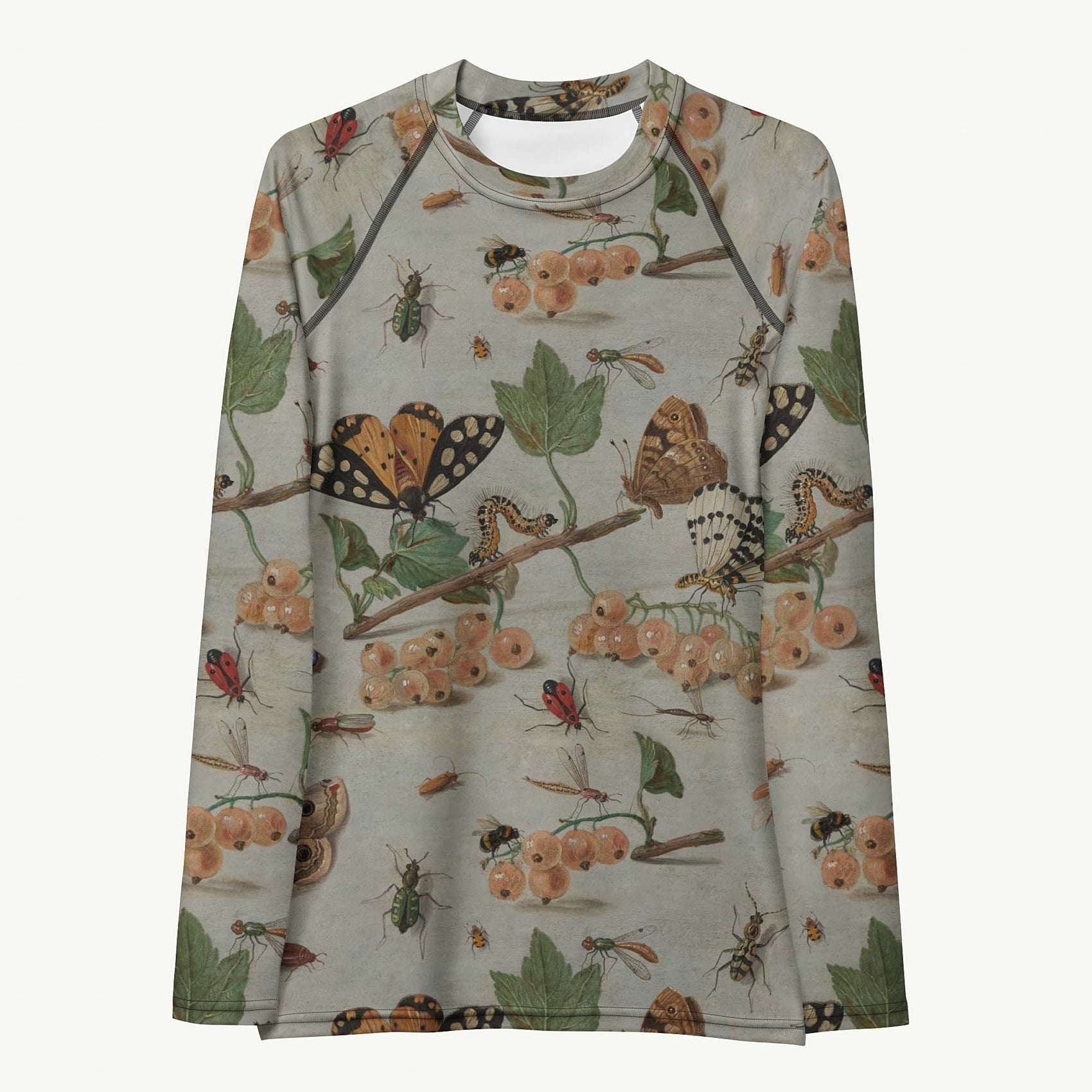 Moth'ly Crew Rash Guard featuring Warm cream background with a detailed 17th century Flemish copper plate still life of white currants, moths and insects in browns, oranges and hints of red and green, lightweight women’s rash guard