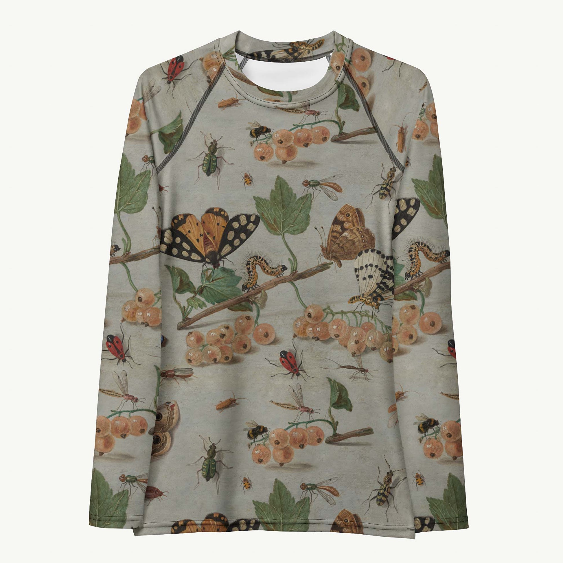 Moth'ly Crew Rash Guard featuring Warm cream background with a detailed 17th century Flemish copper plate still life of white currants, moths and insects in browns, oranges and hints of red and green, lightweight women’s rash guard