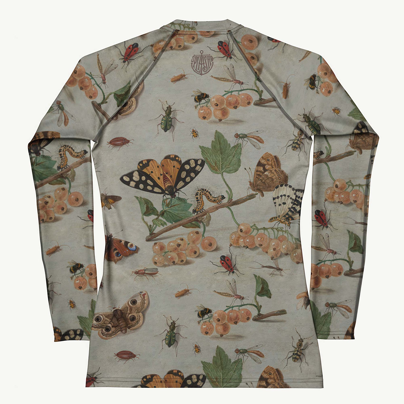 Moth'ly Crew Rash Guard featuring Warm cream background with a detailed 17th century Flemish copper plate still life of white currants, moths and insects in browns, oranges and hints of red and green, women’s rash guard in vintage print