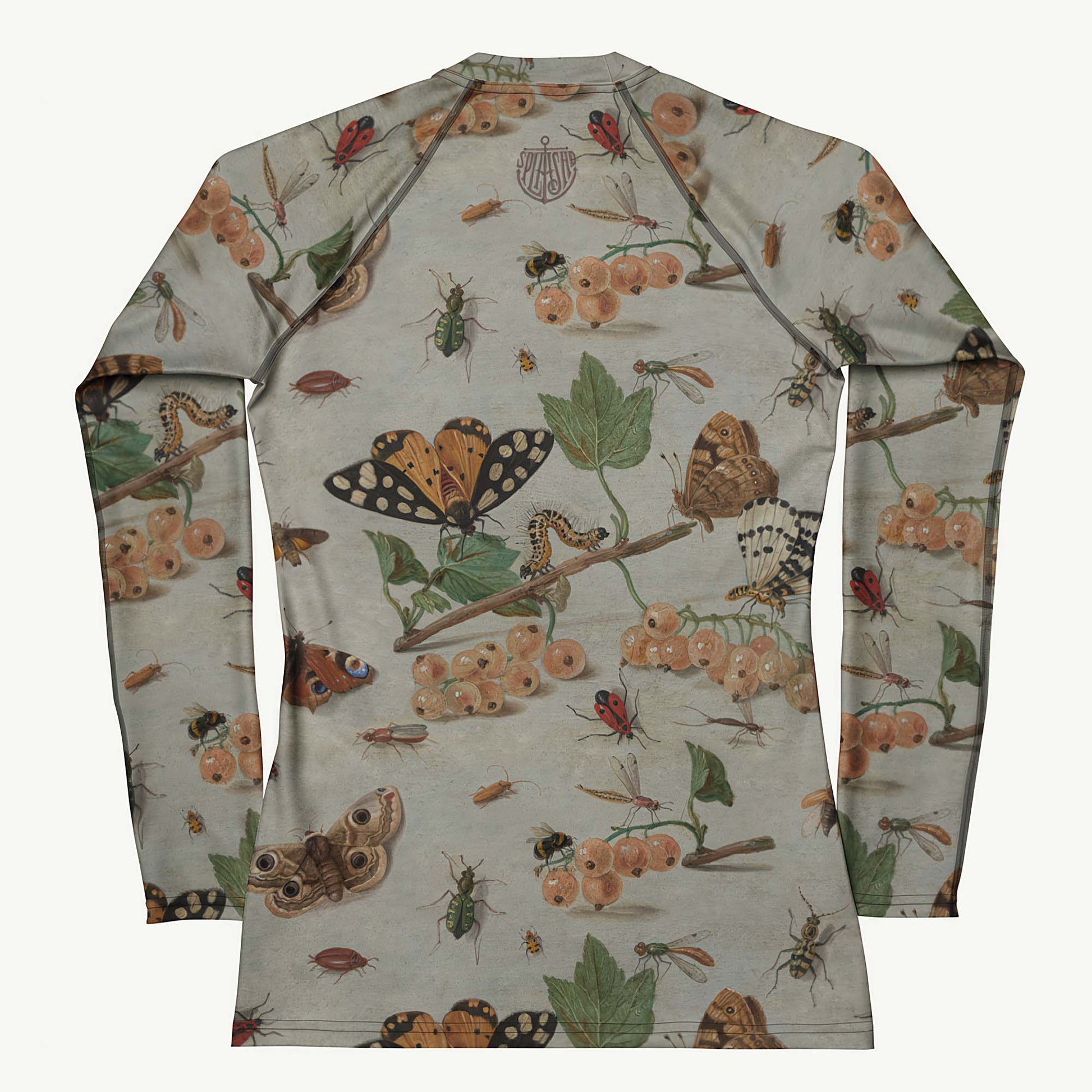 Moth'ly Crew Rash Guard featuring Warm cream background with a detailed 17th century Flemish copper plate still life of white currants, moths and insects in browns, oranges and hints of red and green, women’s rash guard in vintage print