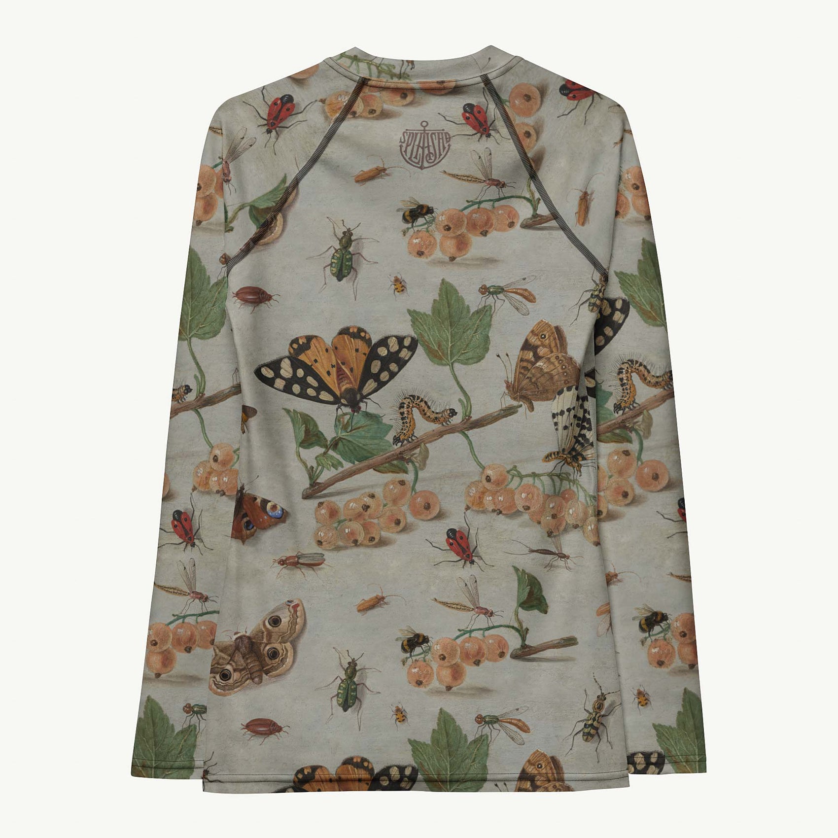 Moth'ly Crew Rash Guard featuring Warm cream background with a detailed 17th century Flemish copper plate still life of white currants, moths and insects in browns, oranges and hints of red and green, women’s rash guard with detailed artwork