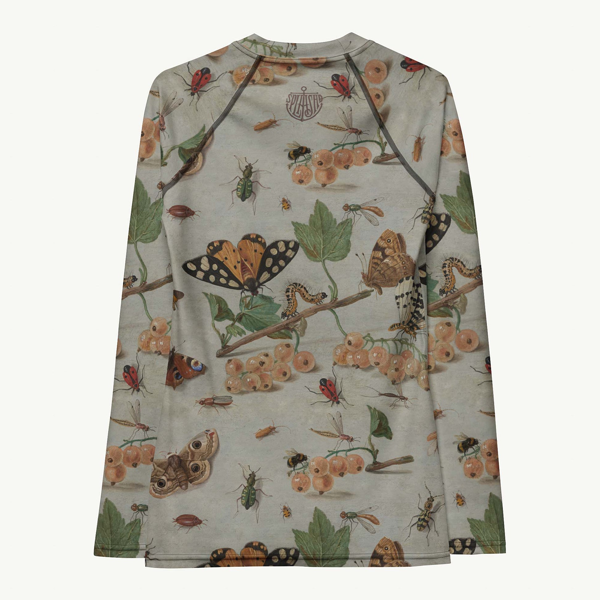 Moth'ly Crew Rash Guard featuring Warm cream background with a detailed 17th century Flemish copper plate still life of white currants, moths and insects in browns, oranges and hints of red and green, women’s rash guard with detailed artwork