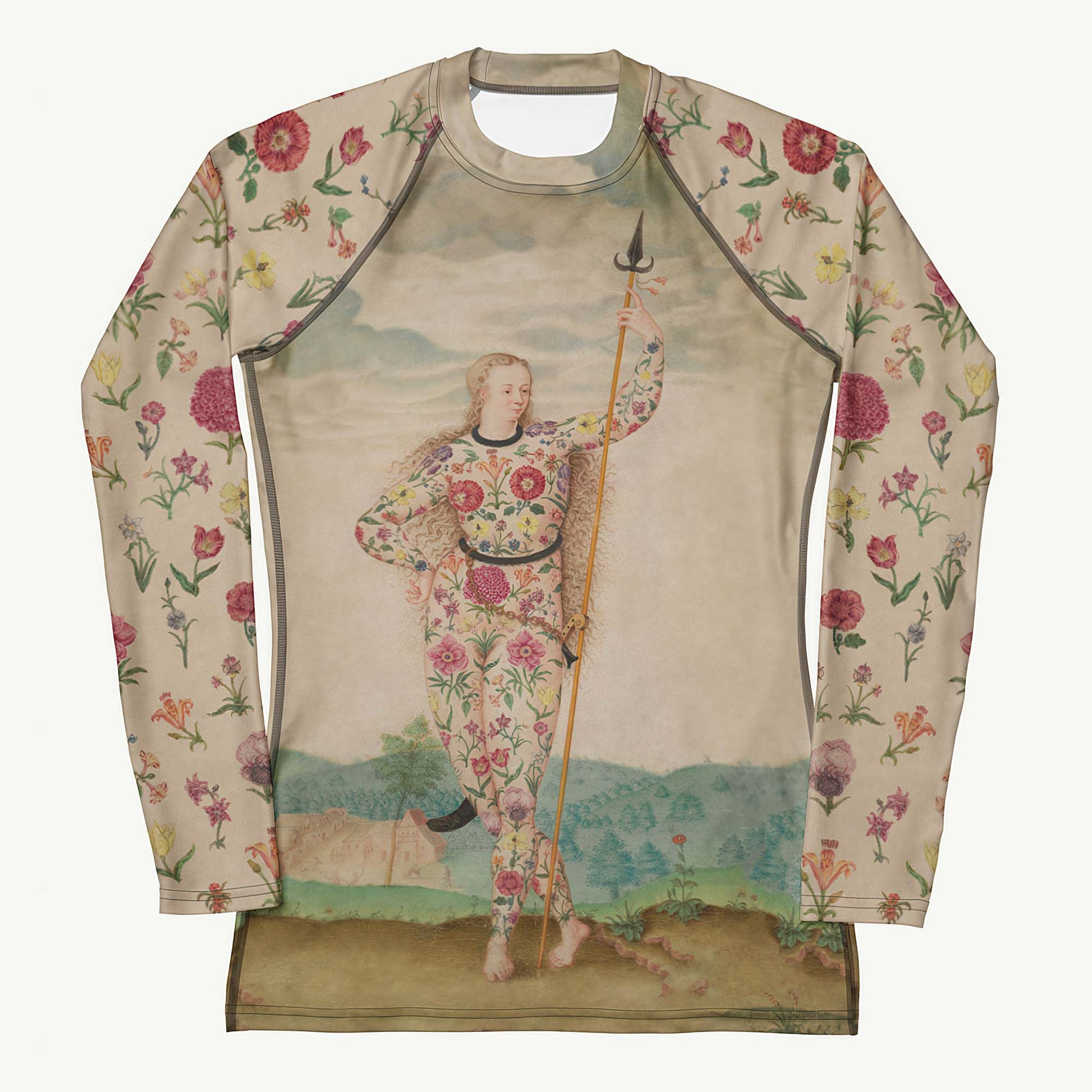 Petal To The Metal Rash Guard featuring Bold singular image of a Pictish warrior woman adorned head to toe in detailed botanical floral tattoos, from a 16th century French ethnological painting, women’s rash guard in vintage print