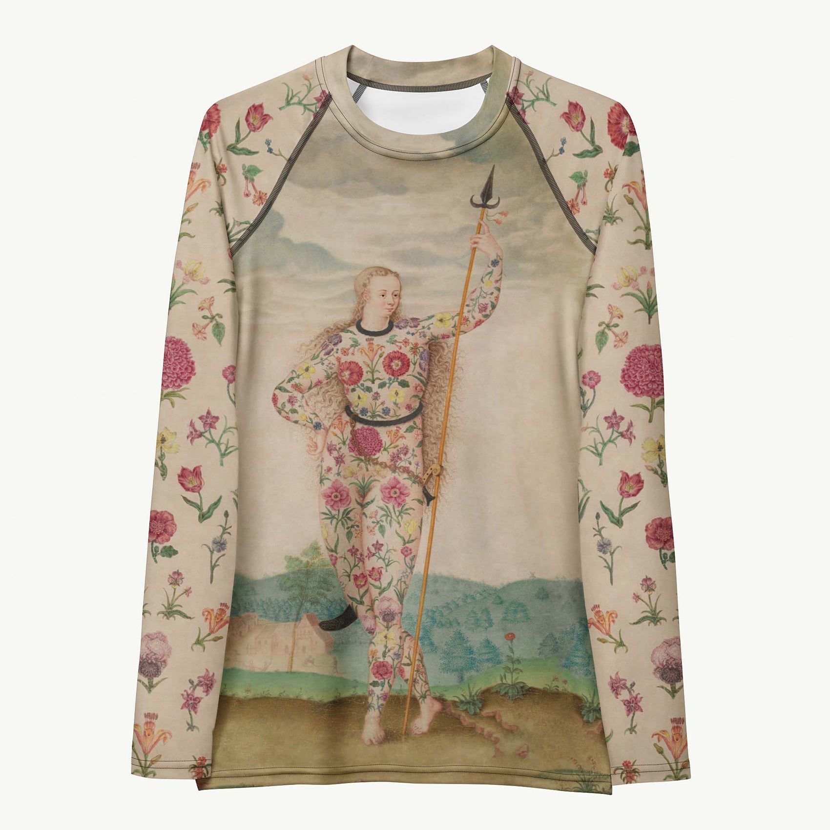 Petal To The Metal Rash Guard featuring Bold singular image of a Pictish warrior woman adorned head to toe in detailed botanical floral tattoos, from a 16th century French ethnological painting, women’s rash guard in vintage print