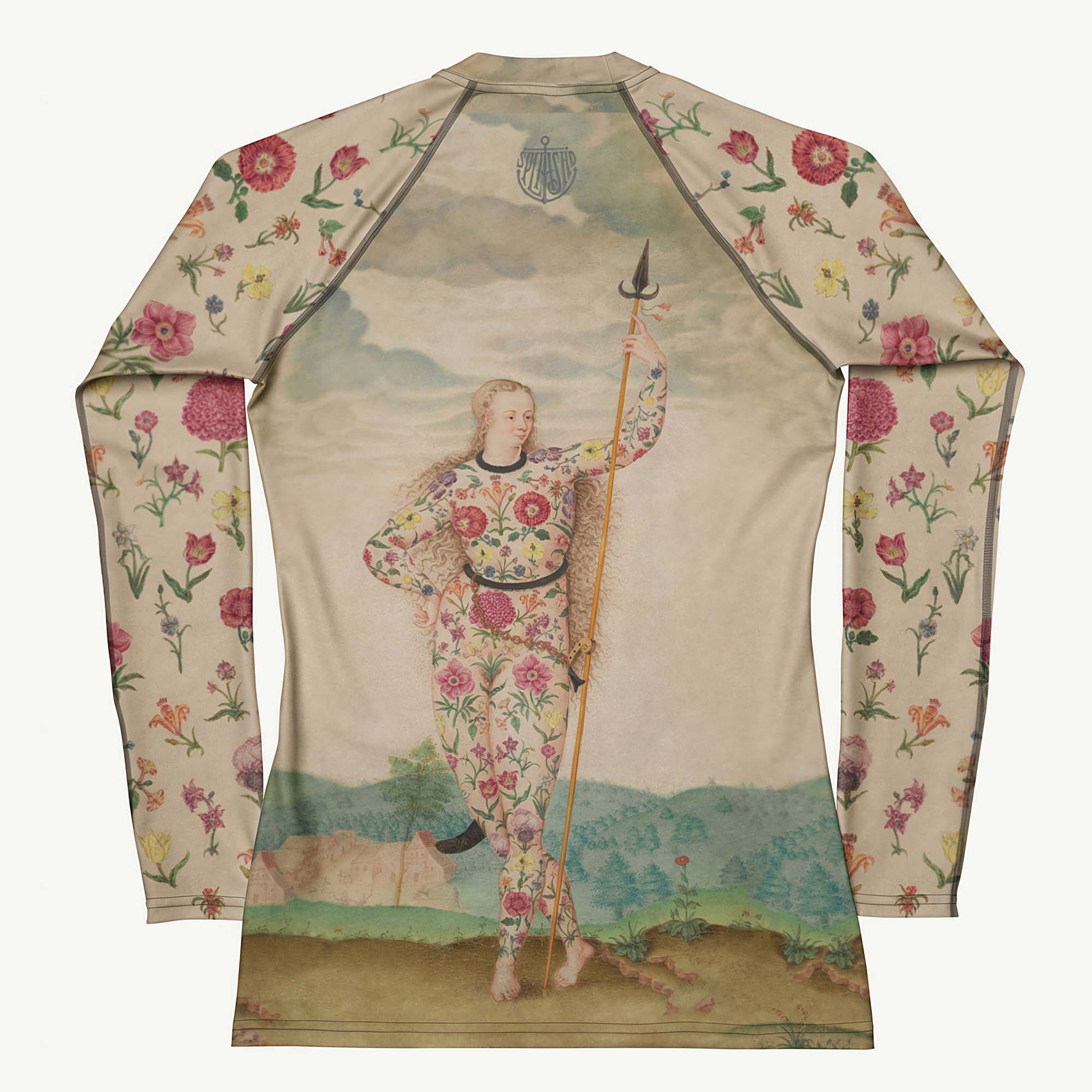 Petal To The Metal Rash Guard featuring Bold singular image of a Pictish warrior woman adorned head to toe in detailed botanical floral tattoos, from a 16th century French ethnological painting, women’s rash guard in vintage print