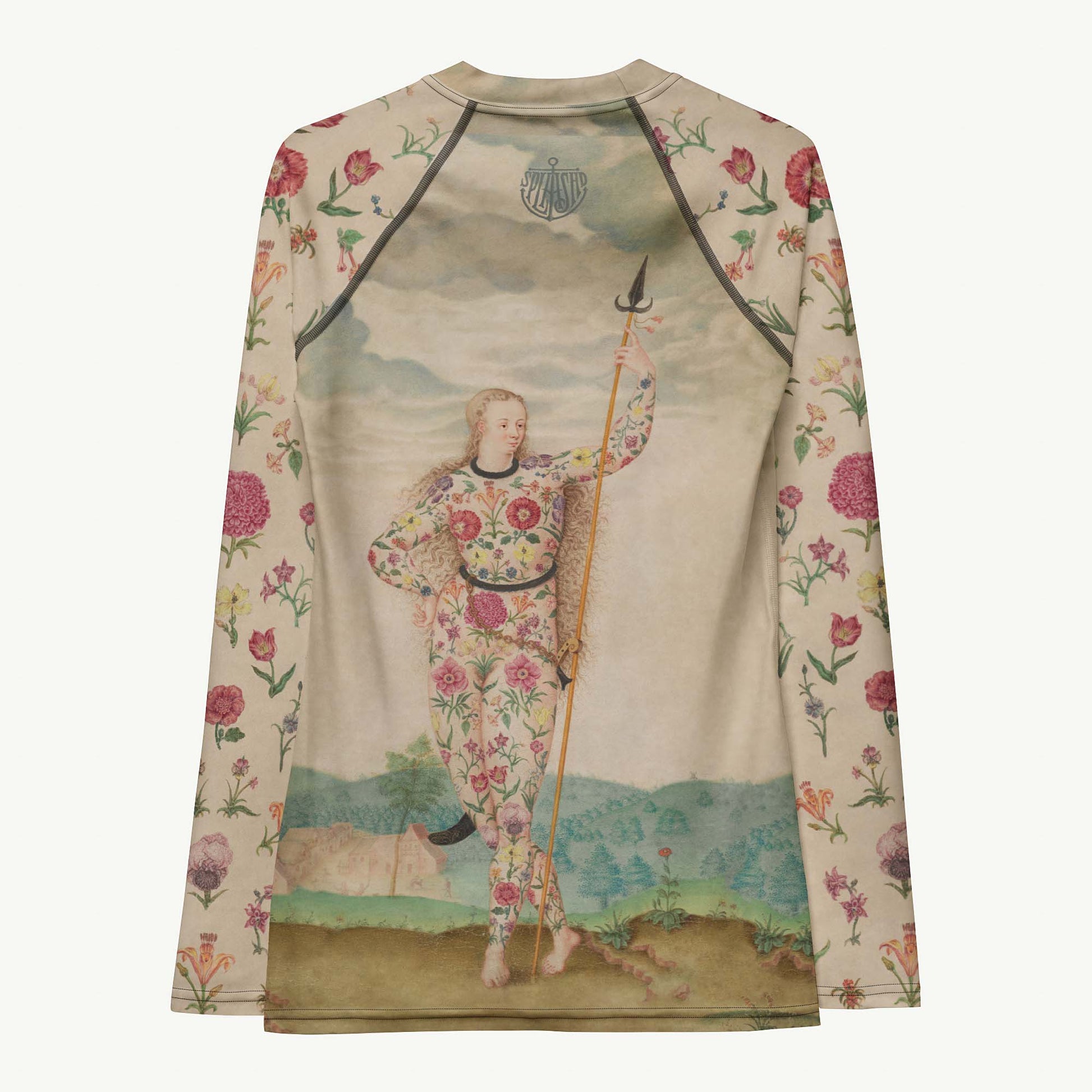 Petal To The Metal Rash Guard featuring Bold singular image of a Pictish warrior woman adorned head to toe in detailed botanical floral tattoos, from a 16th century French ethnological painting, women’s rash guard in vintage print