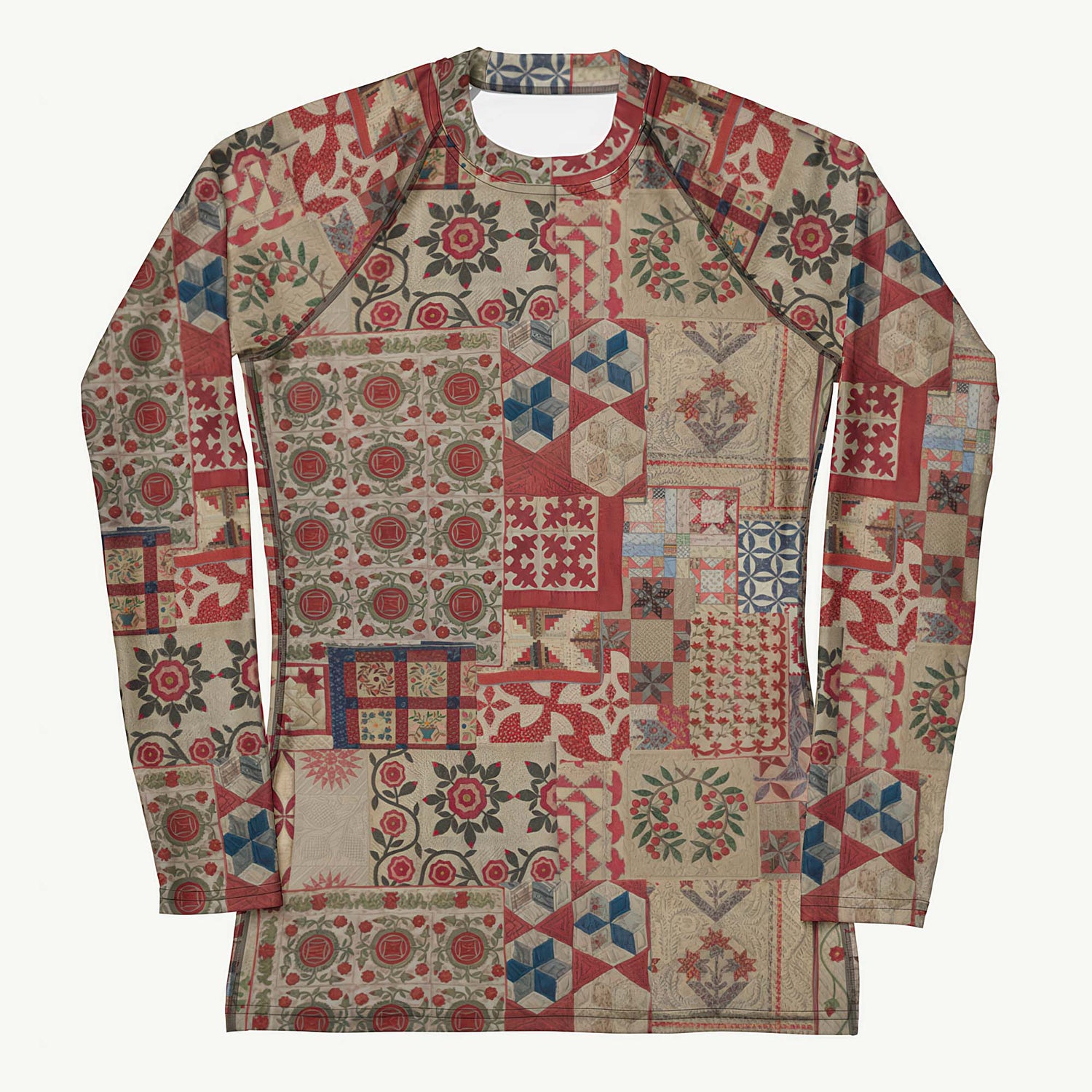 Quilt While You Are Ahead Rash Guard featuring Rich patchwork repeat pattern in deep reds, blues and warm creams, adapted from 1930s American watercolour documentation of traditional folk quilts, women’s rash guard
