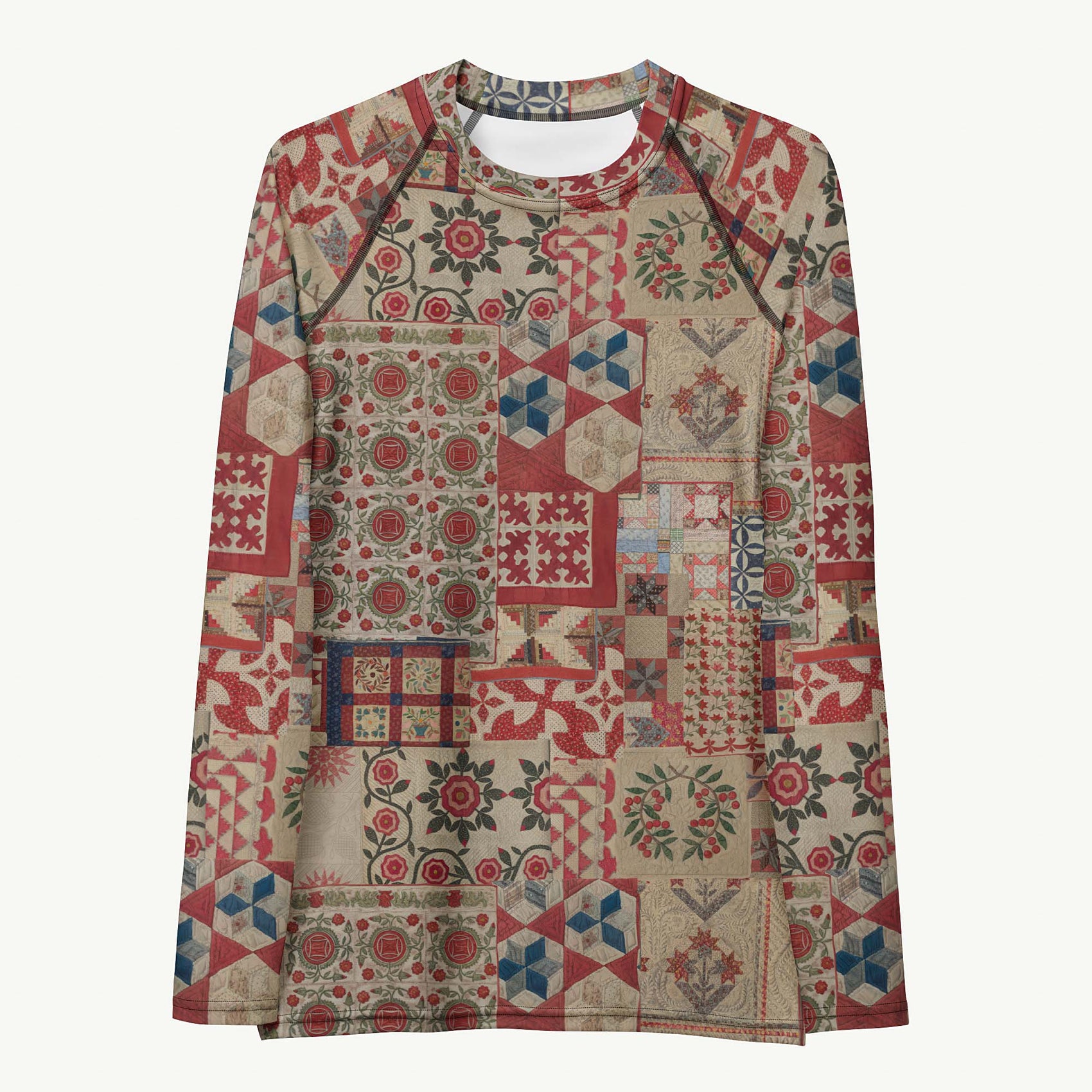 Quilt While You Are Ahead Rash Guard featuring Rich patchwork repeat pattern in deep reds, blues and warm creams, adapted from 1930s American watercolour documentation of traditional folk quilts, lightweight women’s rash guard