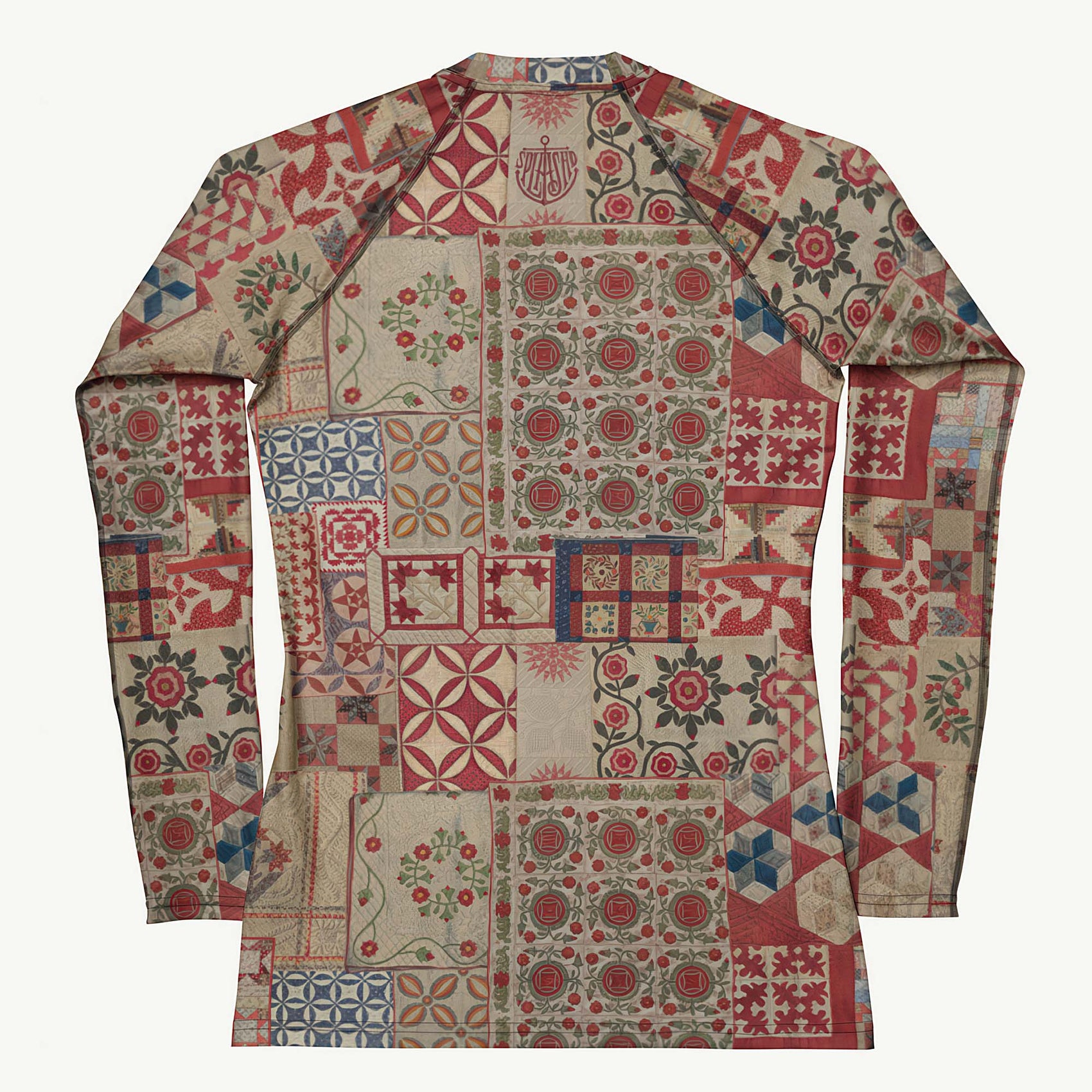 Quilt While You Are Ahead Rash Guard featuring Rich patchwork repeat pattern in deep reds, blues and warm creams, adapted from 1930s American watercolour documentation of traditional folk quilts, women’s rash guard in vintage print