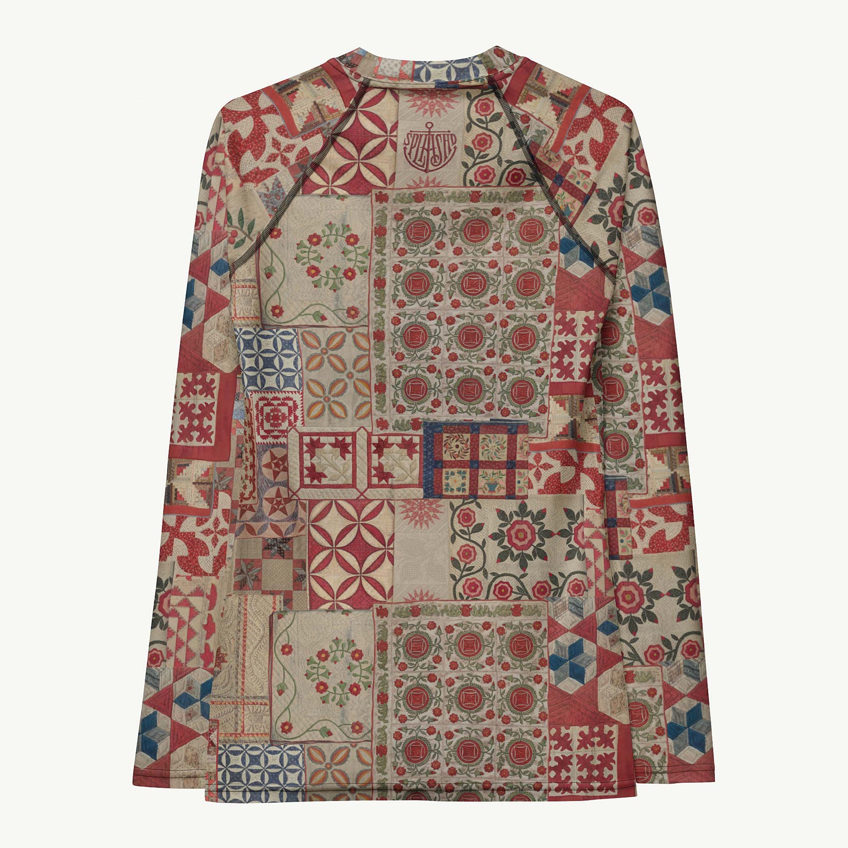 Quilt While You Are Ahead Rash Guard featuring Rich patchwork repeat pattern in deep reds, blues and warm creams, adapted from 1930s American watercolour documentation of traditional folk quilts, women’s rash guard