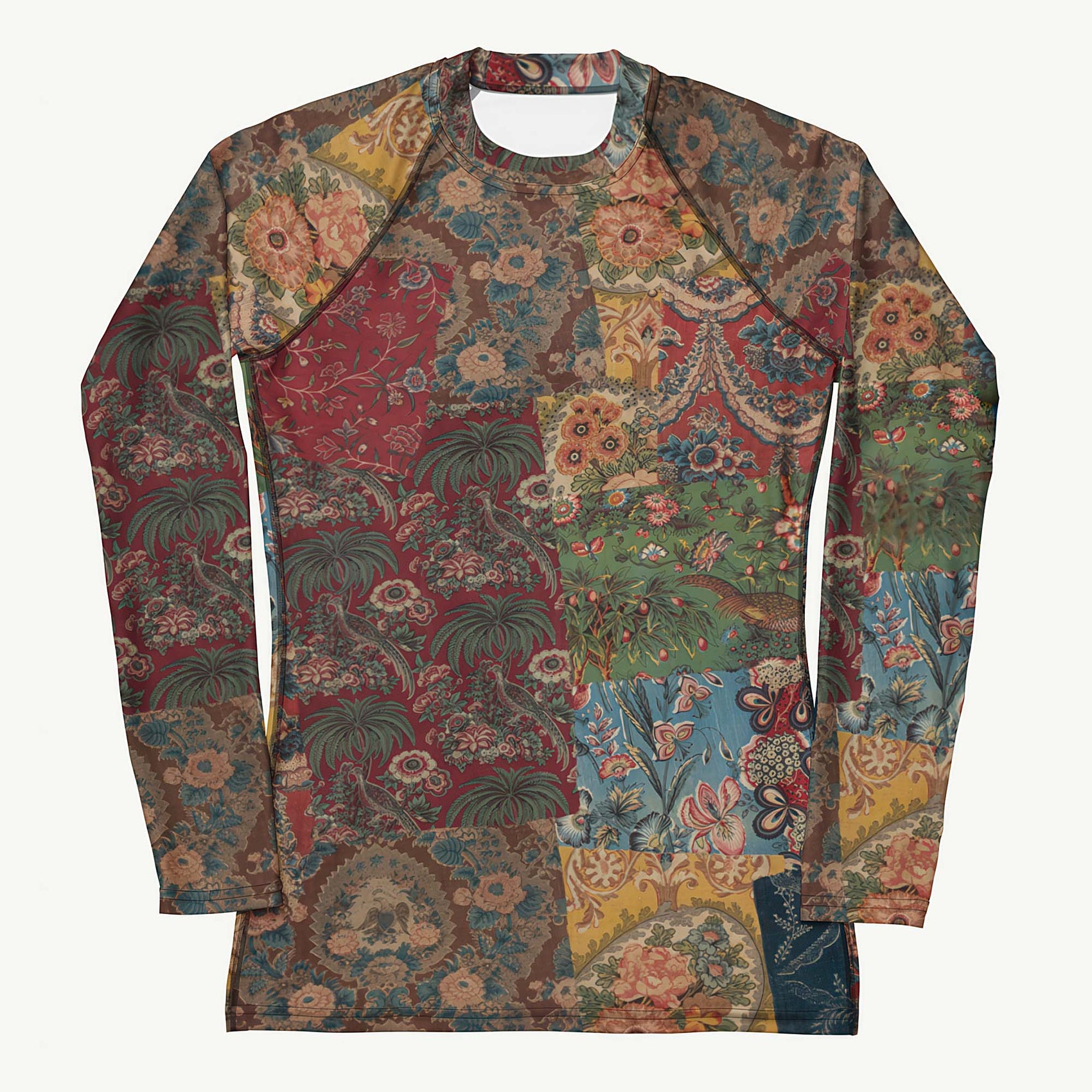 Fragments Of My Heart Rash Guard featuring Bold eclectic patchwork of antique quilt and fabric remnants in rich reds with hints of blue, green and yellow in a warm, gloriously imperfect vintage style, women’s rash guard